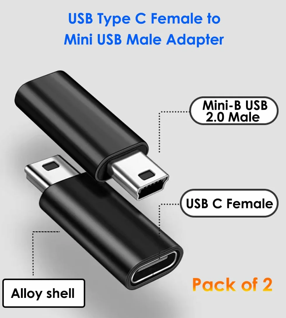 Adapter USB C na Mini USB 2.0 żeński męski, 2 sztuki, czarny