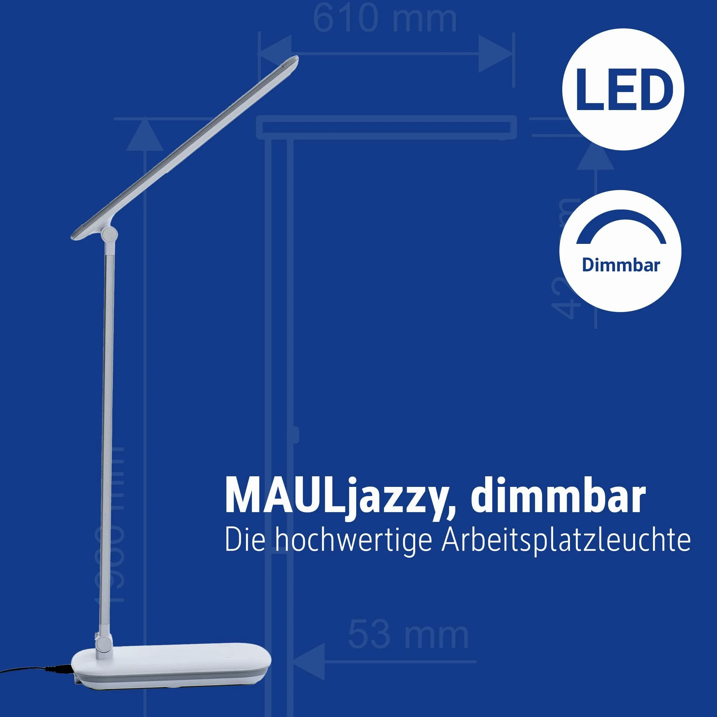 MAUL Lampka biurkowa LED MAULjazzy biała ściemniana z USB | komfort pracy, 5 poziomów jasności, ładowanie telefonu, ruchoma głowica, stabilna baza, światło 4000 K