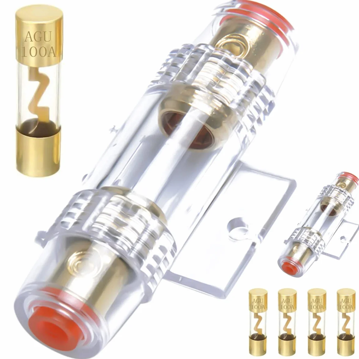 Uchwyt bezpiecznika 4-8 Gauge AWG Wodoodporny przezroczysty uchwyt bezpiecznika z pięcioma bezpiecznikami typu AGU 100A do samochodowego audio / wzmacniacza / alarmu / kompresorów (2 sztuki)