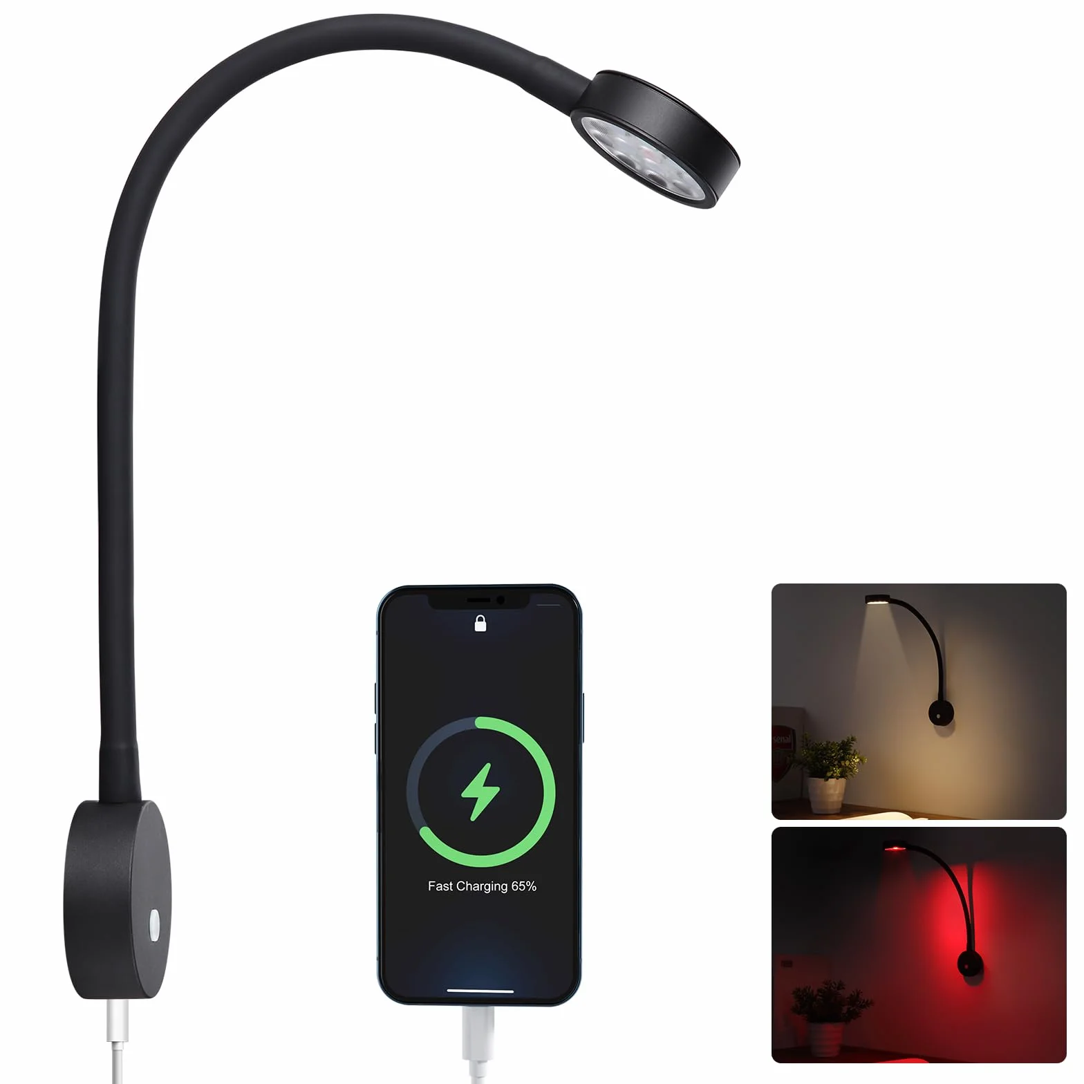12V Lampa ścienna LED do czytania elastyczna punktowa z ładowarką USB i czerwoną lampką nocną, lampka do czytania przy łóżku do kampera, przyczepy kempingowej, kampera, furgonetki, wbudowany przełącznik ściemniacza DC 12-24V, przewodowa