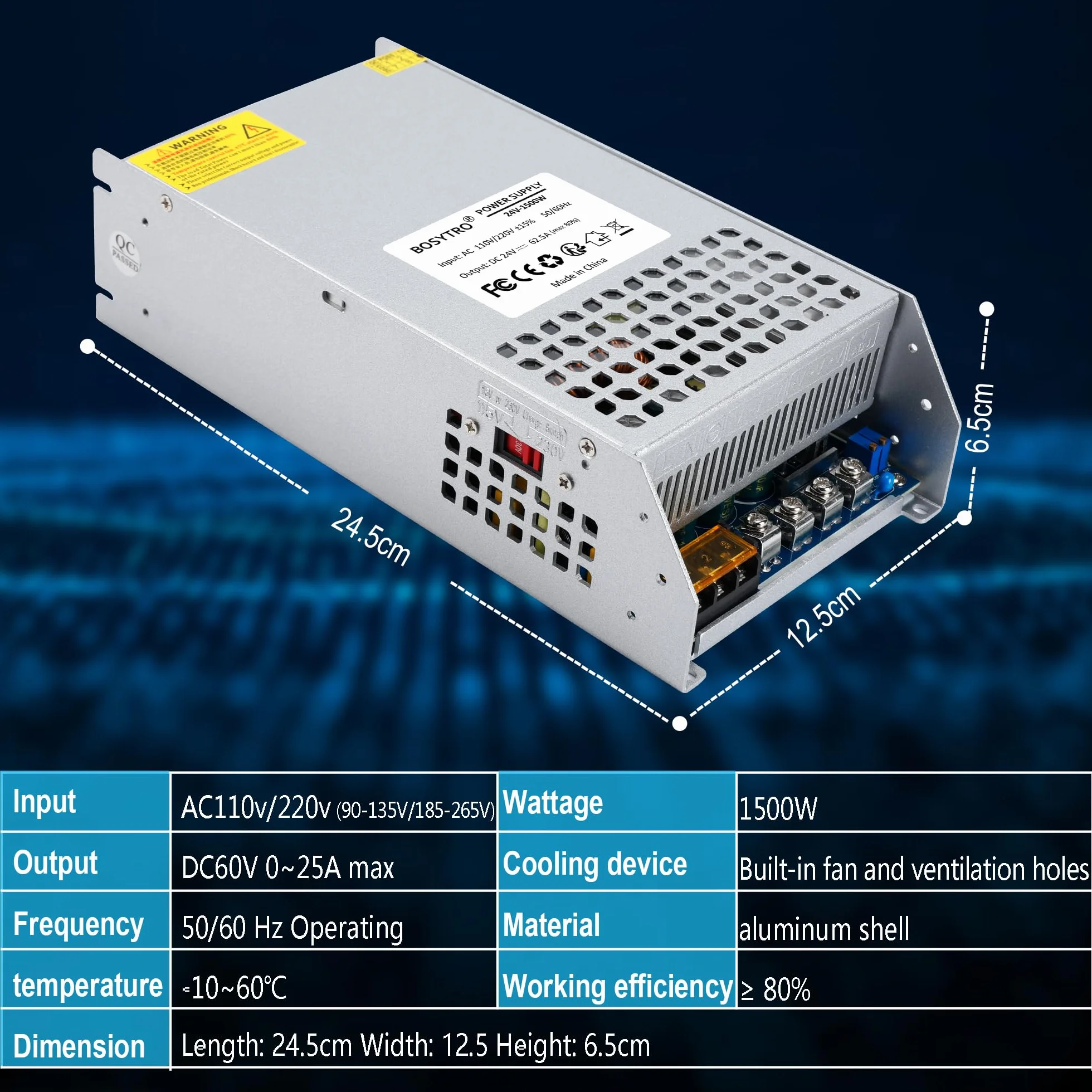 Zasilacz impulsowy 24V 62.5A 1500W Uniwersalny zasilacz impulsowy, AC110/220 -DC 24V Zasilacz LED do CCTV, taśm LED, przemysłowych projektów komputerowych