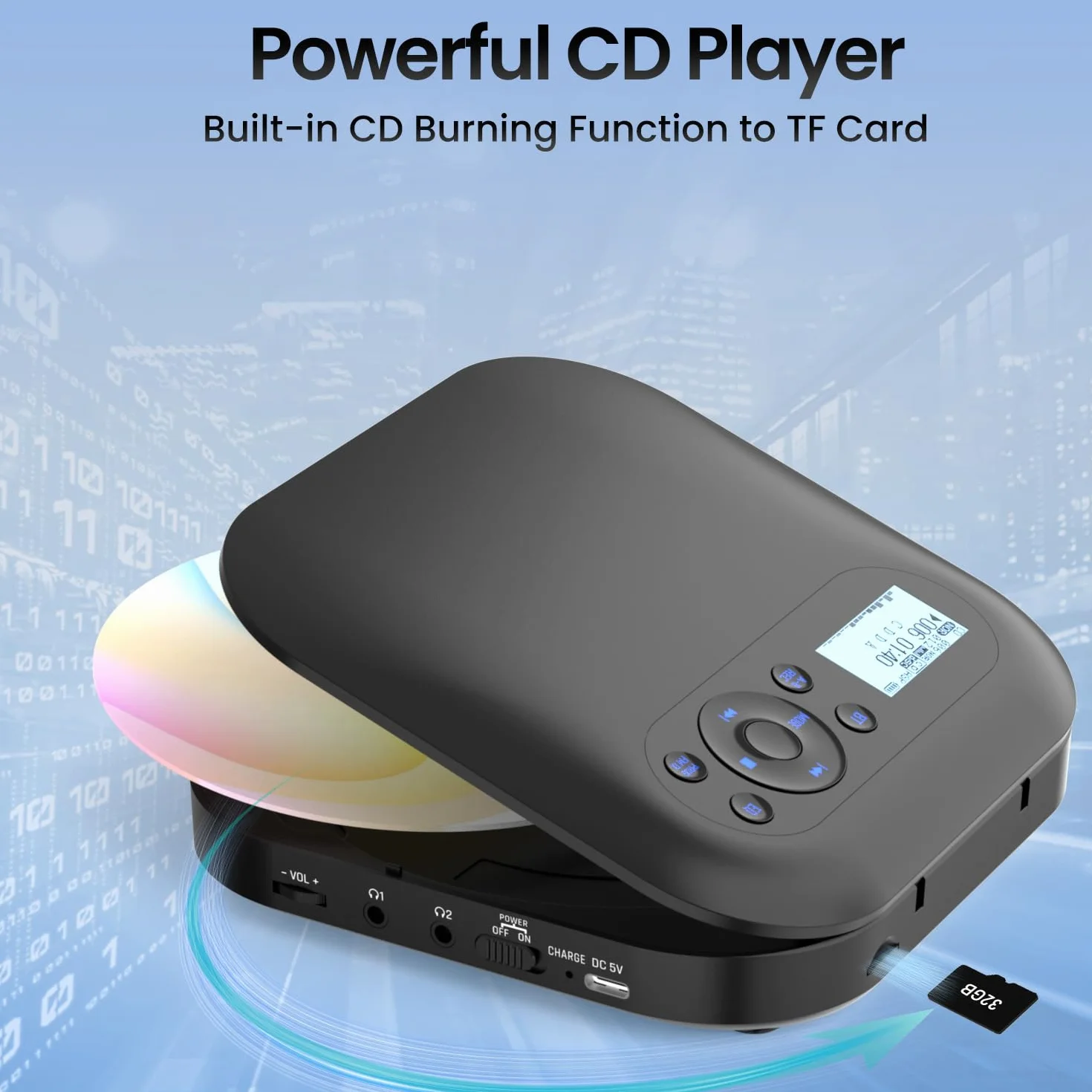 Przenośny odtwarzacz CD Bluetooth Discman do samochodu z FM, Anti-Skip, Dwa głośniki stereo