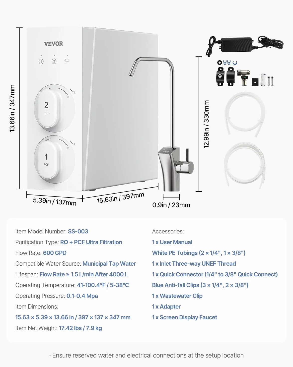 VEVOR System odwróconej osmozy, 600 GPD 8-stopniowy bezzbiornikowy filtr wody odwróconej osmozy, redukcja TDS z certyfikatem NSF, system filtracji wody pod zlewem z inteligentnym kranem, stosunek