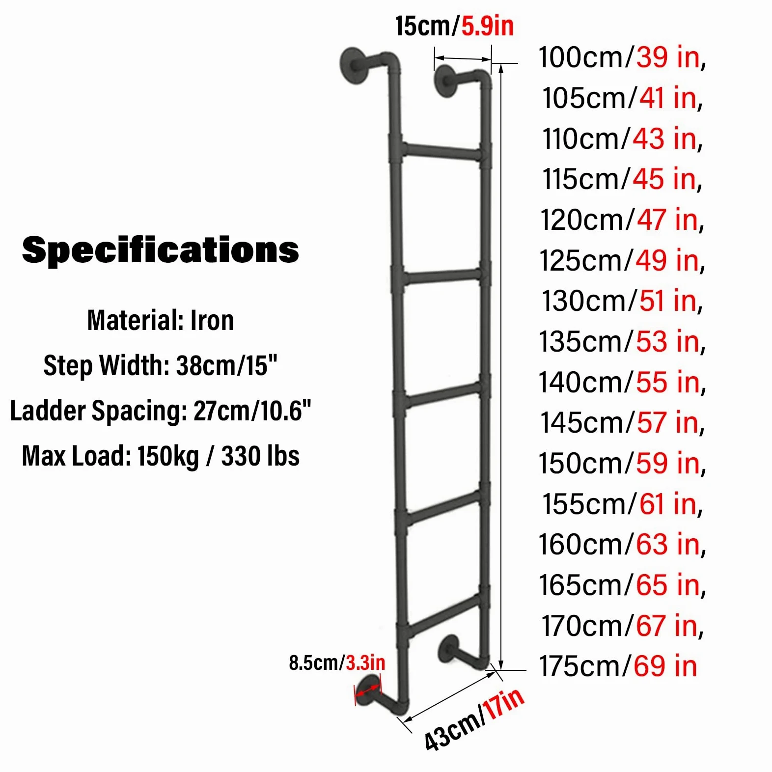 Schody wyjściowe z czarnego kutego żelaza do łóżka wysokie 100 cm/39 cali, obciążenie 150 kg, schody wydechowe do piwnicy, zastosowanie na poddaszu i łóżkach piętrowych, w zestawie AC