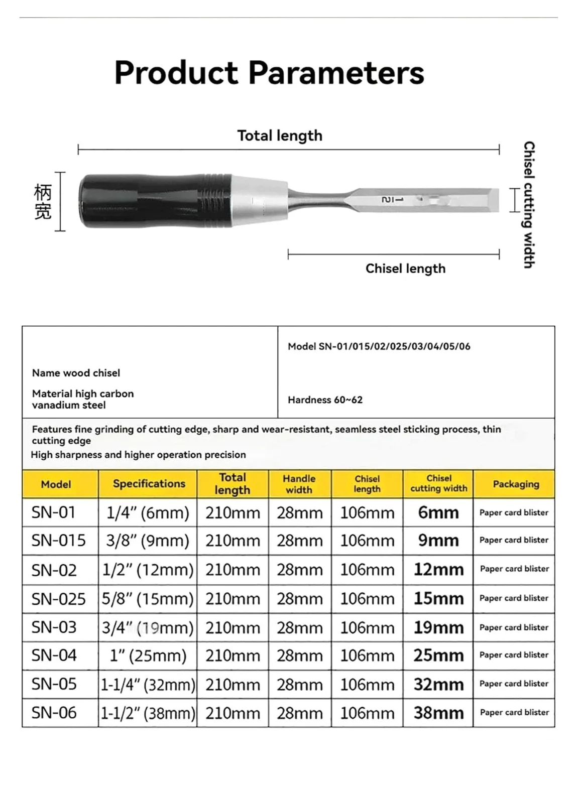1/8 szt. Zestaw dłut do drewna ze stali węglowo-wanadowej 60HRC narzędzia rzeźbienia dla stolarza obróbki DIY(25mm)
