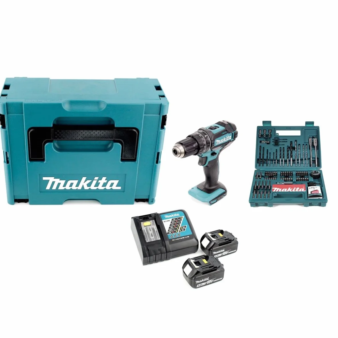 Makita DHP 482 RTJ - 18 V akumulator litowo-jonowy wiertarko-wkrętarka udarowa w Makpac + 2 x akumulator 5,0 Ah + ładowarka + Makita B-53811 bit i zestaw wierteł 100-częściowy
