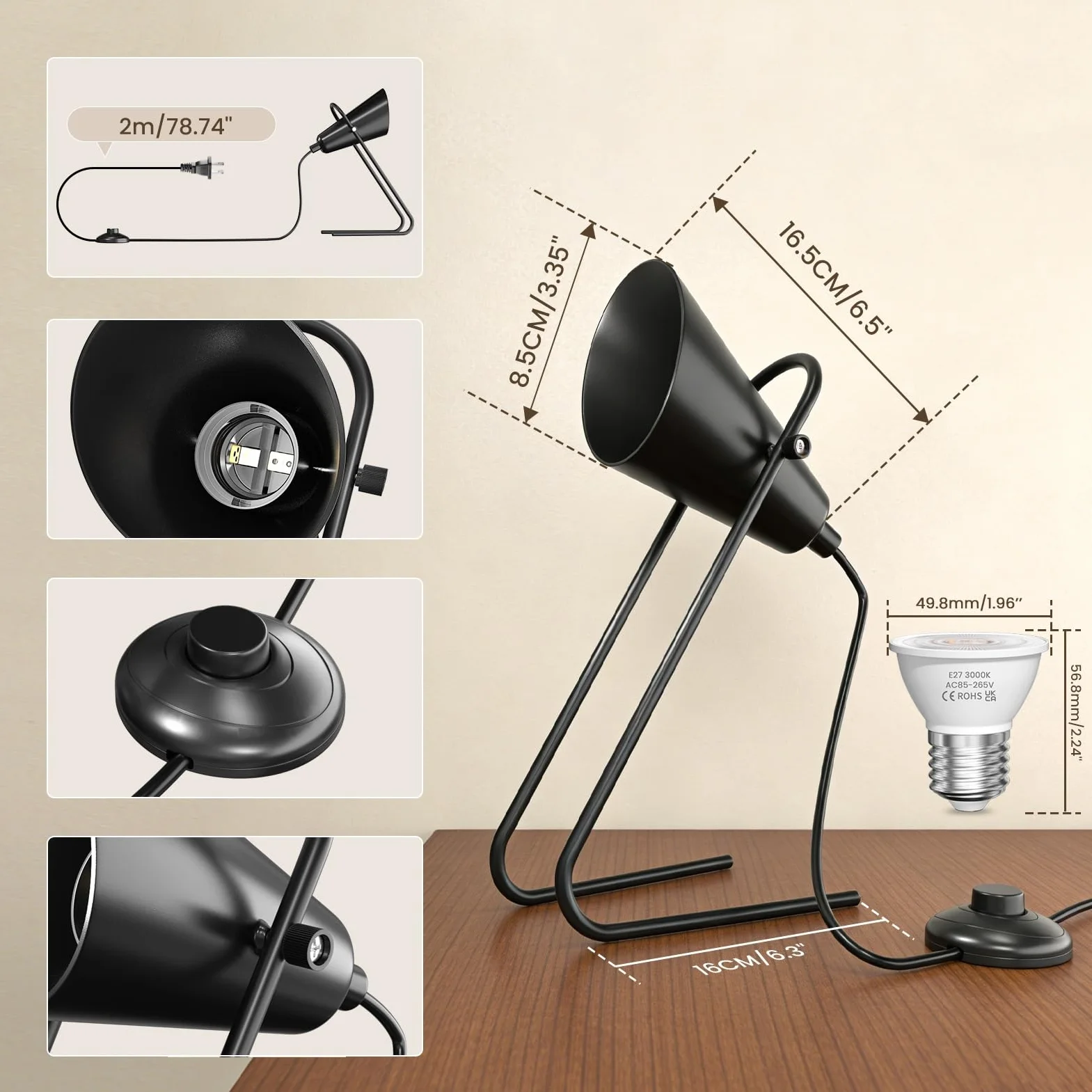 Lampa stojąca, lampa podłogowa LED do wnętrz w górę, 6 W 3000 K, domowe akcenty, dzieła sztuki, z przenośnym uchwytem, kabel 2 m z wtyczką i przełącznikiem nożnym