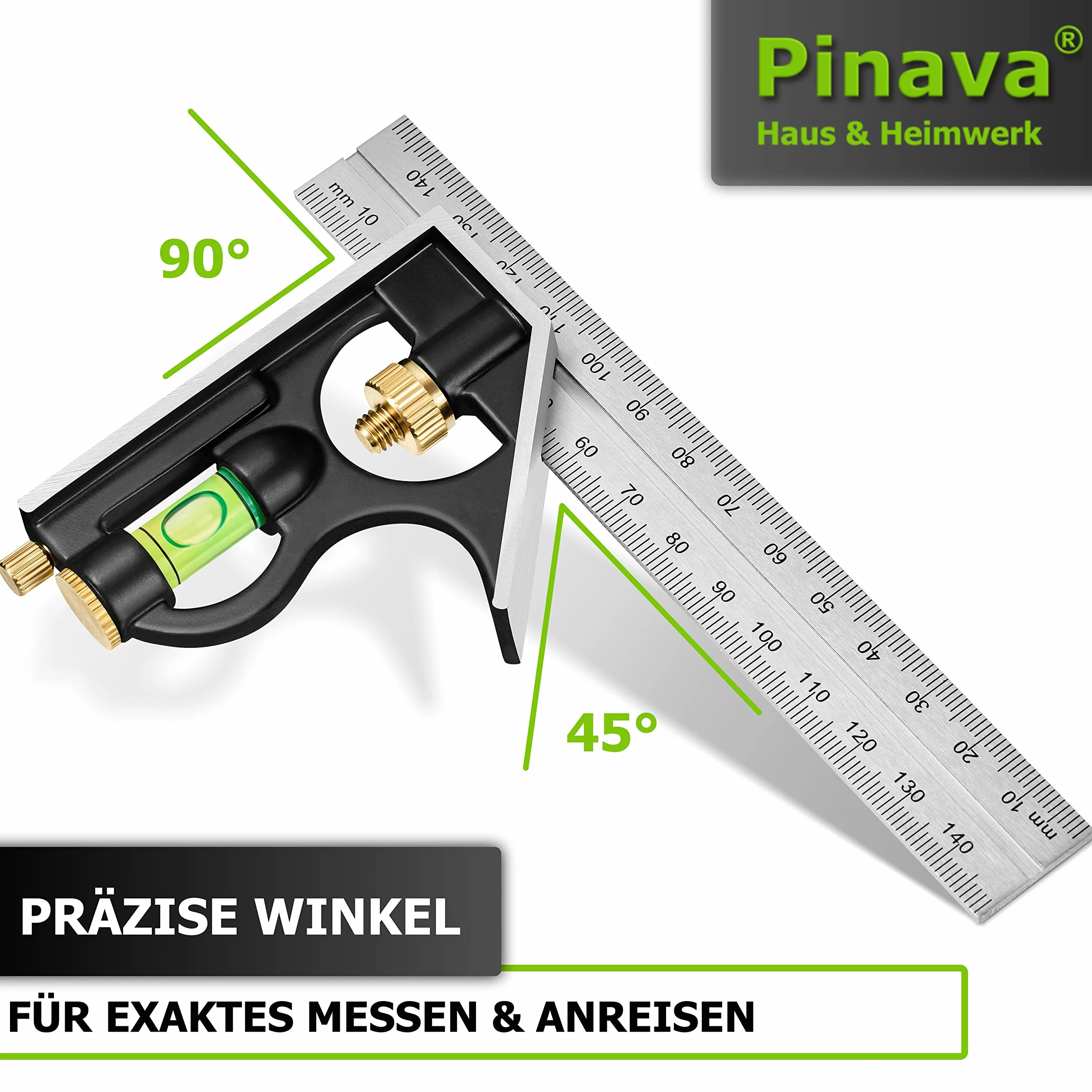 PINAVA® Kątownik łączony 150 mm [przeciwbieżna skala i precyzyjny kąt] – mały kątownik uniwersalny z metalowym ogranicznikiem – idealnie czytelny multikąt, Combination Square