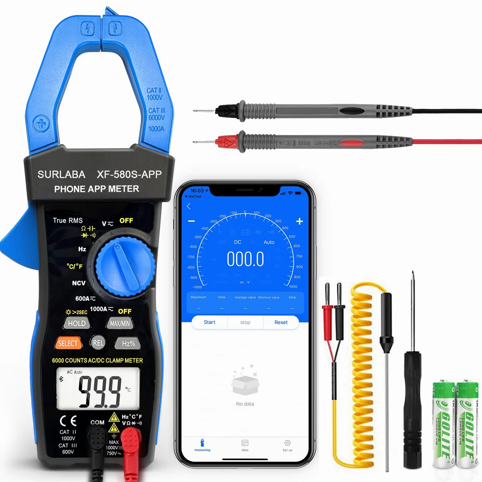 Zacisk amperymetryczny Bluetooth, NCV AC DC Clamp Multimetr cyfrowy TRMS, 6000 Count miernik napięcia prądowego, woltomierz amperomierze z ciągłością temperaturową Odporność na diody Pojemność Hz