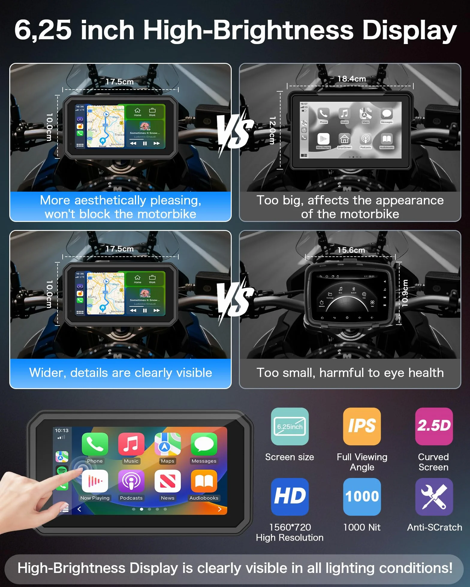 Kamera samochodowa 4K CarPlay z systemem Android, 6,25", nawigacja motocyklowa, wodoszczelność IP67, nawigacja GPS, do motocykli, Dual Bluetooth, Siri/G-Oogle Assistant, karta 64 GB