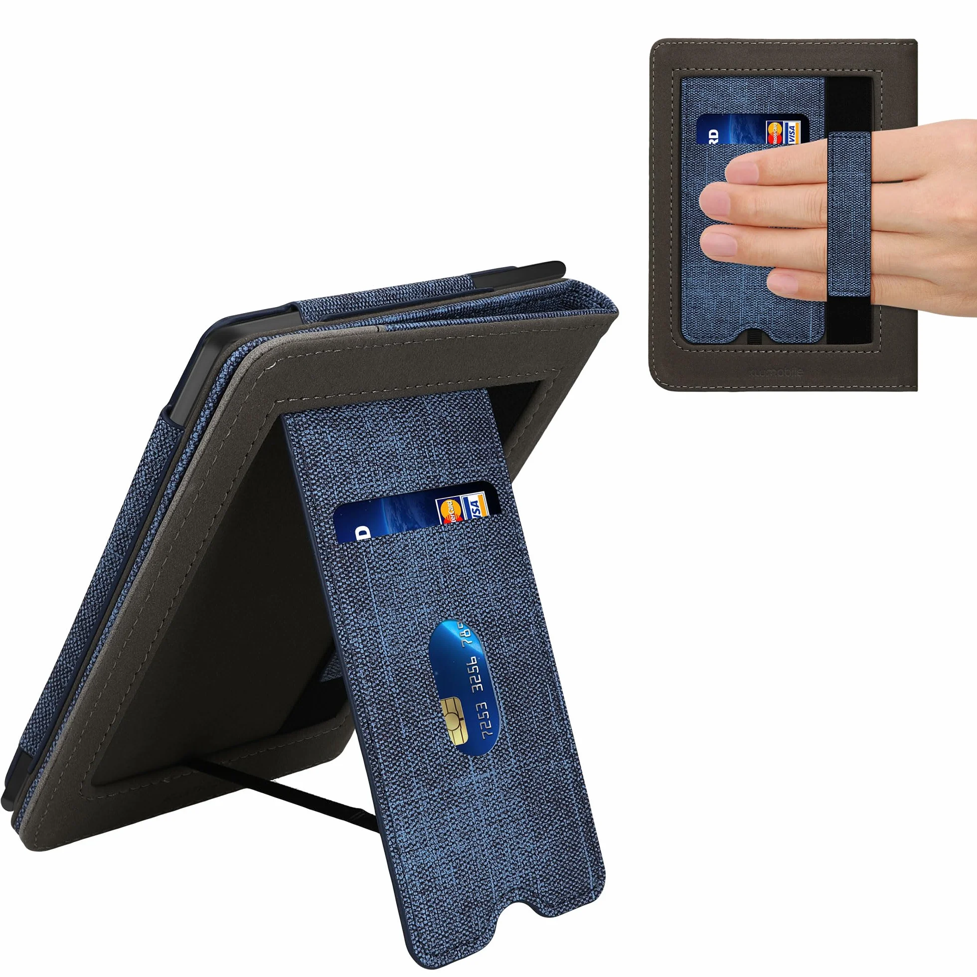 kwmobile Etui z klapką z paskiem na rękę do Kobo Clara BW/Clara Colour/Tolino Shine (5)/Shine Color - Pokrowiec ze sztucznej skóry - Ciemnoniebieski Ciemnoszary