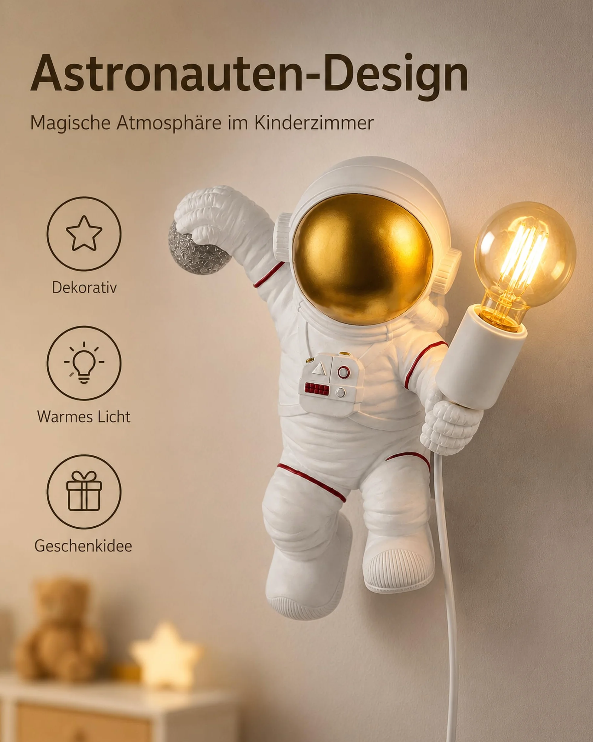 ACMHNC Kinkiet dziecięcy z wtyczką i przełącznikiem, astronautów lampa ścienna do pokoju dziecięcego z kablem 1,5 M, oświetlenie ścienne w pomieszczeniach dla chłopców i dziewcząt, E27, biała