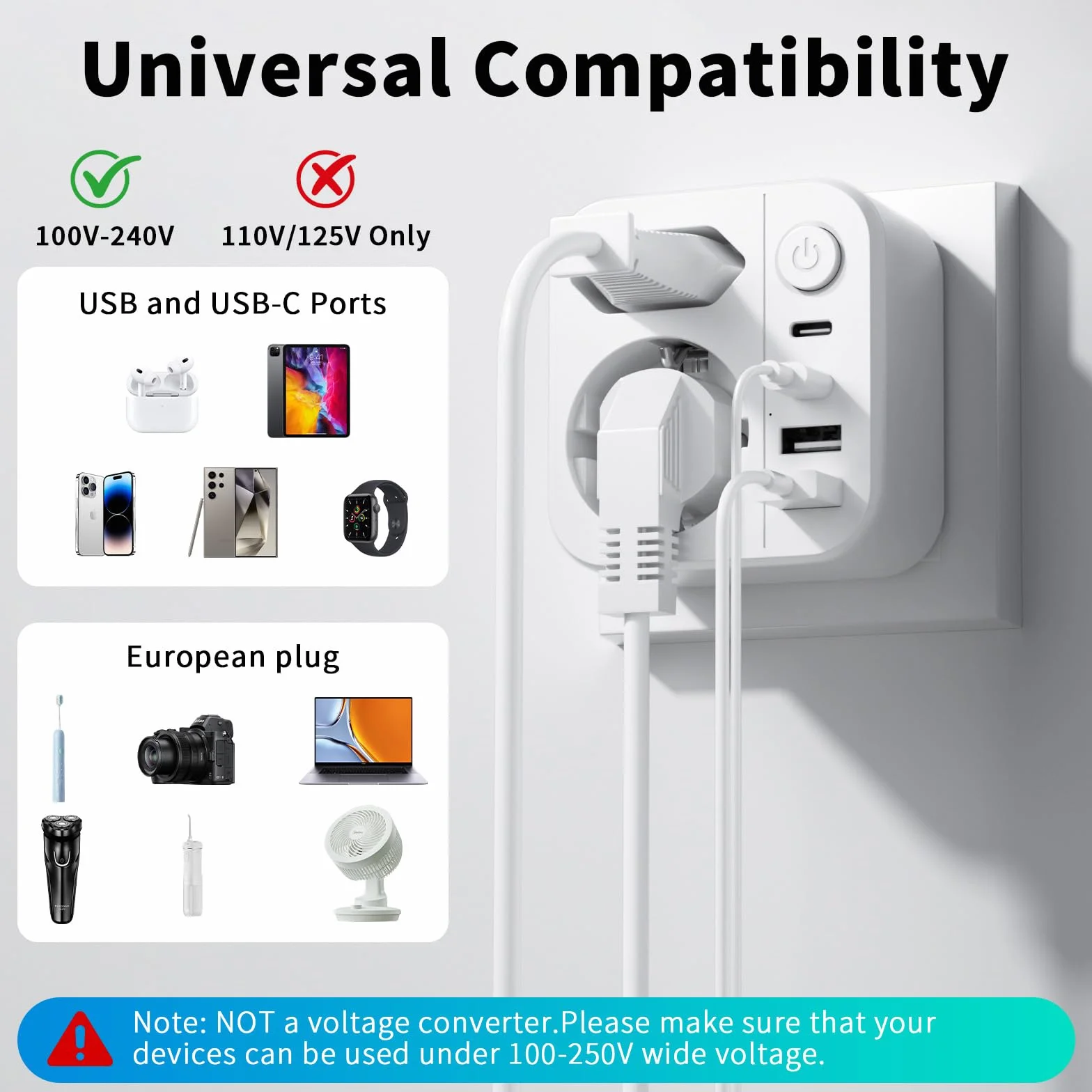 Adapter podróżny 2500 W 2 USB A USB C Schuko typ A do Japonii USA Kanady biały