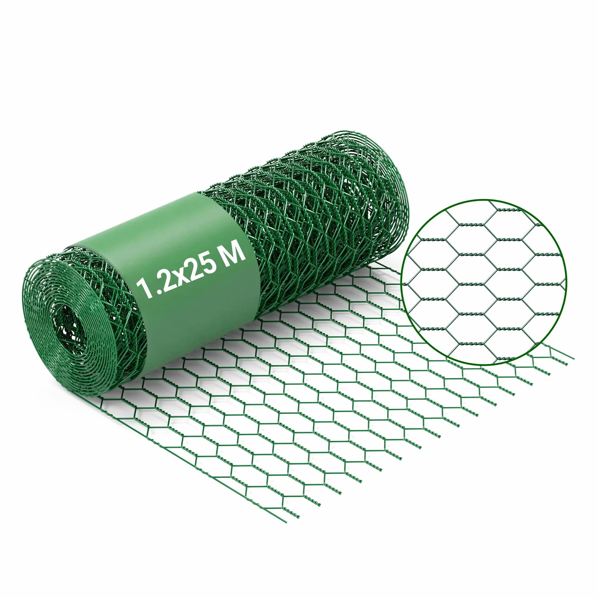 Wiltec Siatka ogrodzeniowa zielona 120 cm x 25 m, drut o grubości 0,9 mm, sześciokątne oczka 25 x 25 mm, siatka leśna hodowlana ze stali ocynkowanej