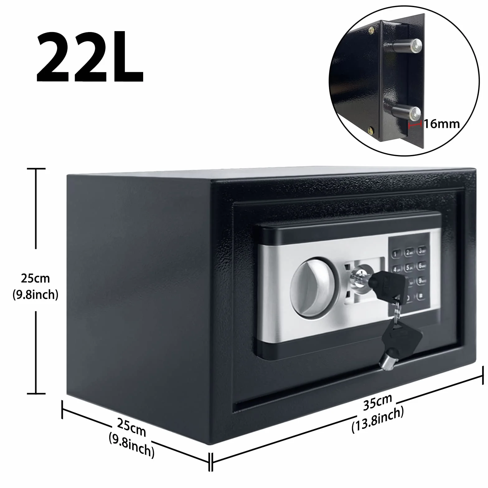 HENGMEI Sejf sejf, elektroniczny sejf ścienny, 22 l, kaseta na pieniądze, ognioodporny, wodoszczelny, z zamkiem szyfrowym i kluczem, 35 x 25 x 25 cm