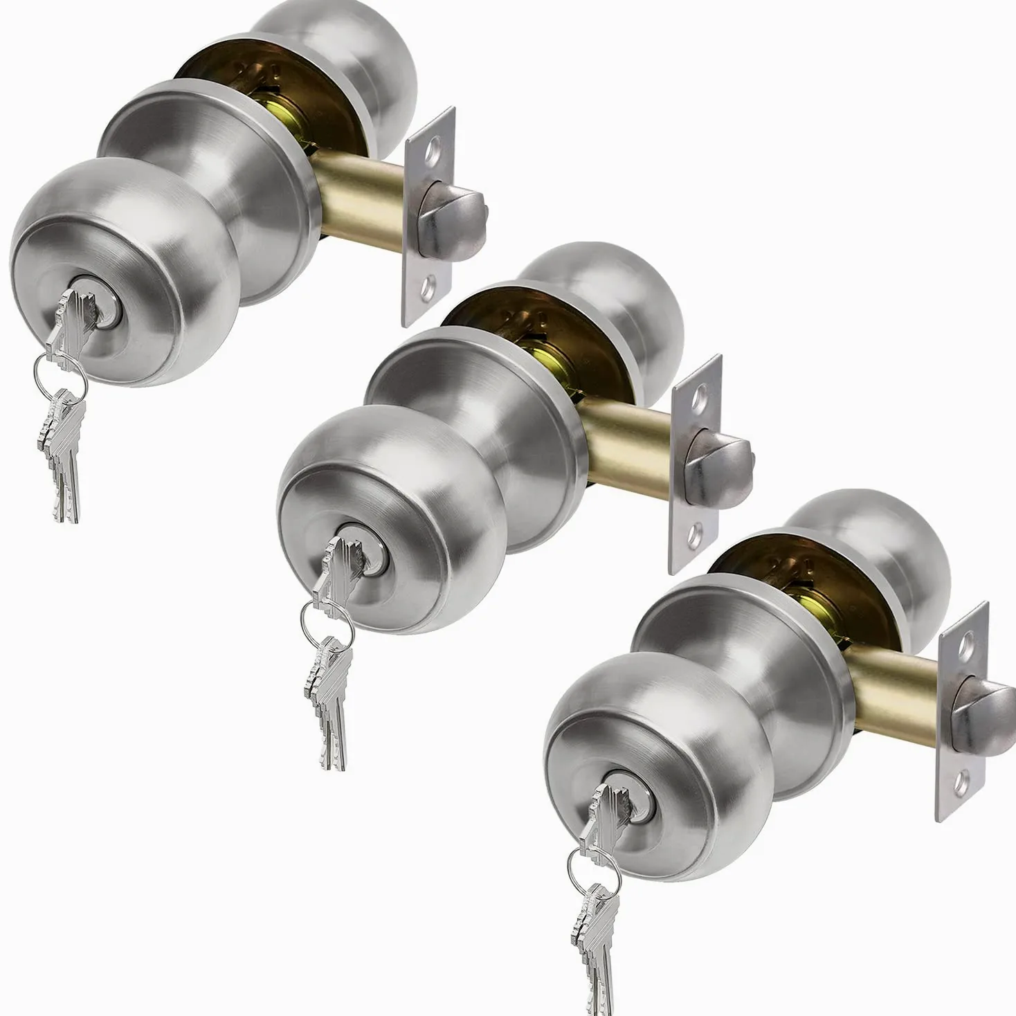 CML Hardware zestaw 3 sztuk gałek drzwiowych z wejściem na klucz, zewnętrzny zamek drzwiowy z tymi samymi kluczami, solidna stal nierdzewna do drzwi wejściowych i frontowych, okrągła gałka