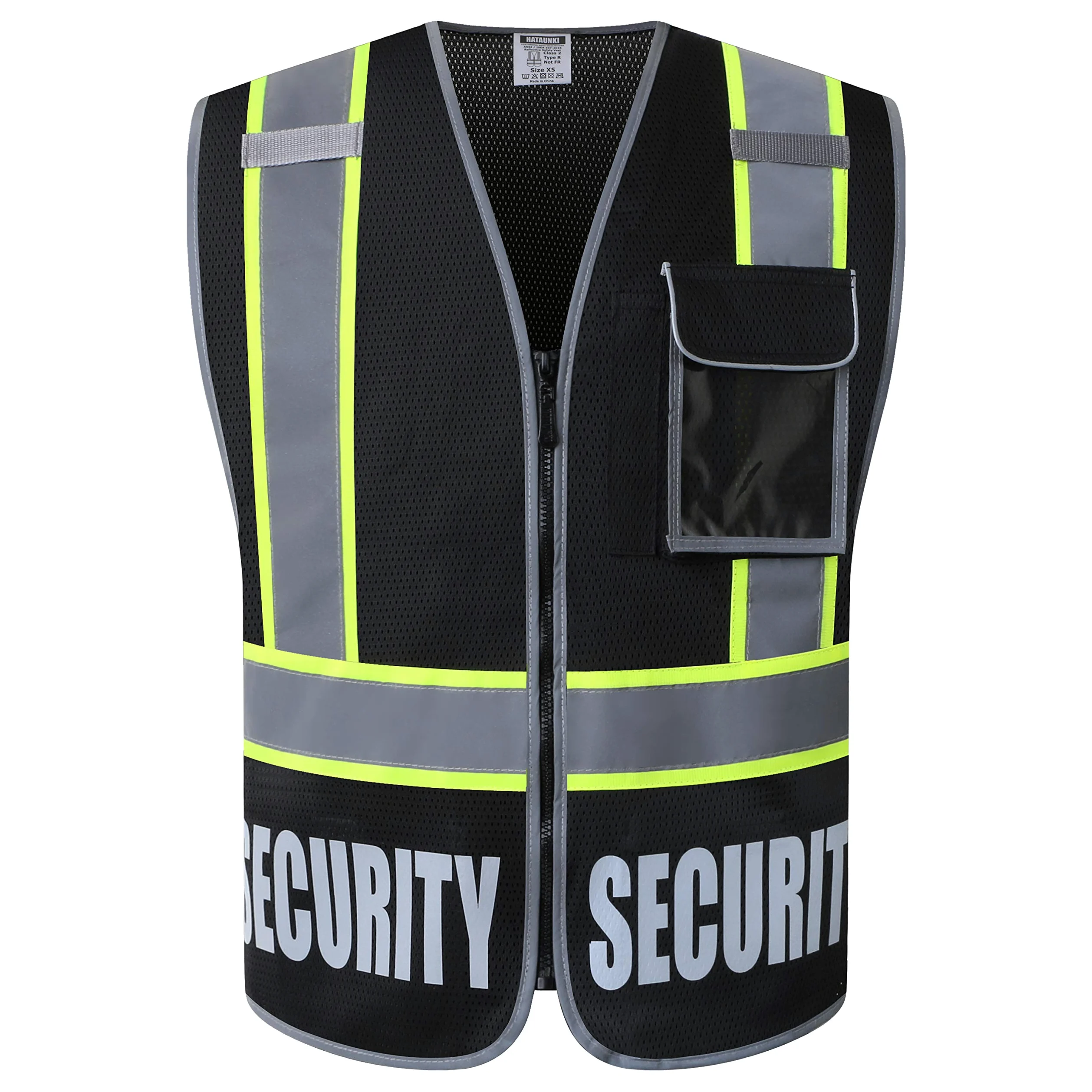 Retro-Reflection Security Safety Vests Heavy Duty Black Mesh with 5 Pockets and Front Zipper Meet ANSI/ISEA 107-2015 (Black-22, Medium)