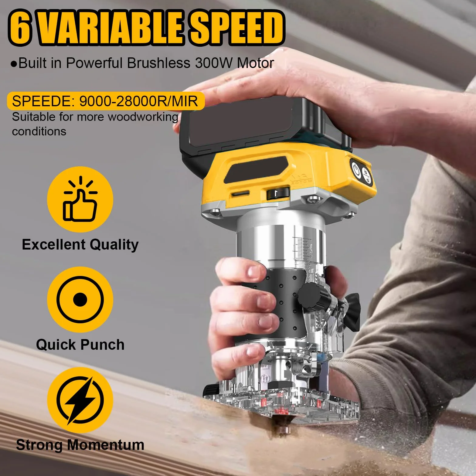 Wytłaczarka do drewna kompatybilna z akumulatorem Dewalt 18 V, 1300 W, bezprzewodowy elektryczny frez do drewna z 6 prędkościami