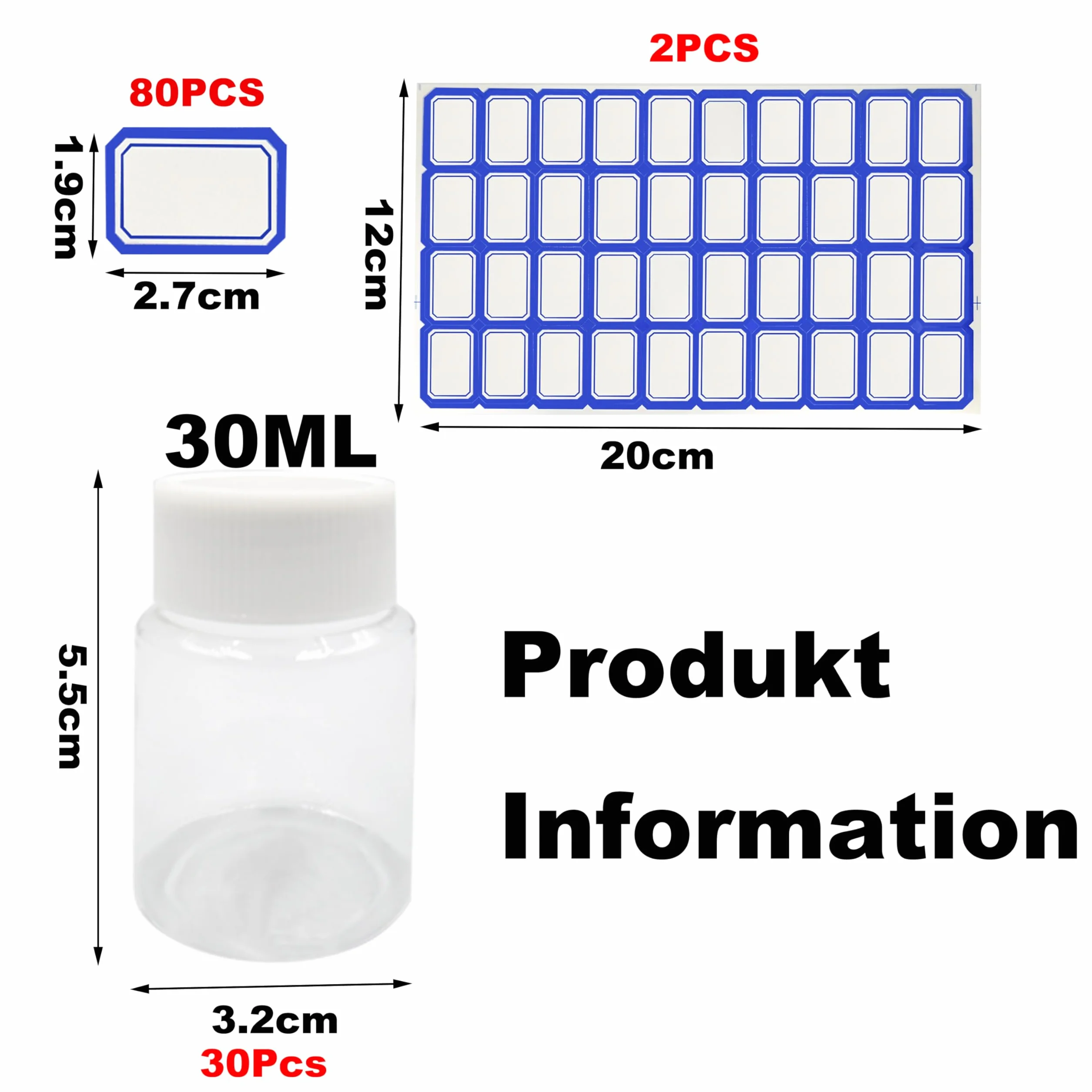 30 szt. 30 ml plastikowych butelek na pigułki z białą zakrętką, przezroczyste, puste butelki podróżne przenośne z 2 arkuszami etykiet (80 szt. naklejek) na tabletki w płynie