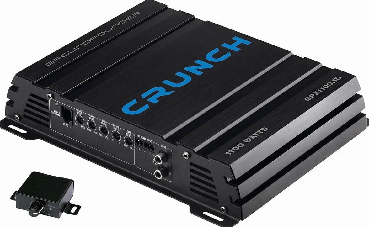 Crunch GPX1100.1D 1-kanałowy wzmacniacz mocy z poziomem basowym, pilot zdalnego sterowania, wzmacniacz monoblokowy