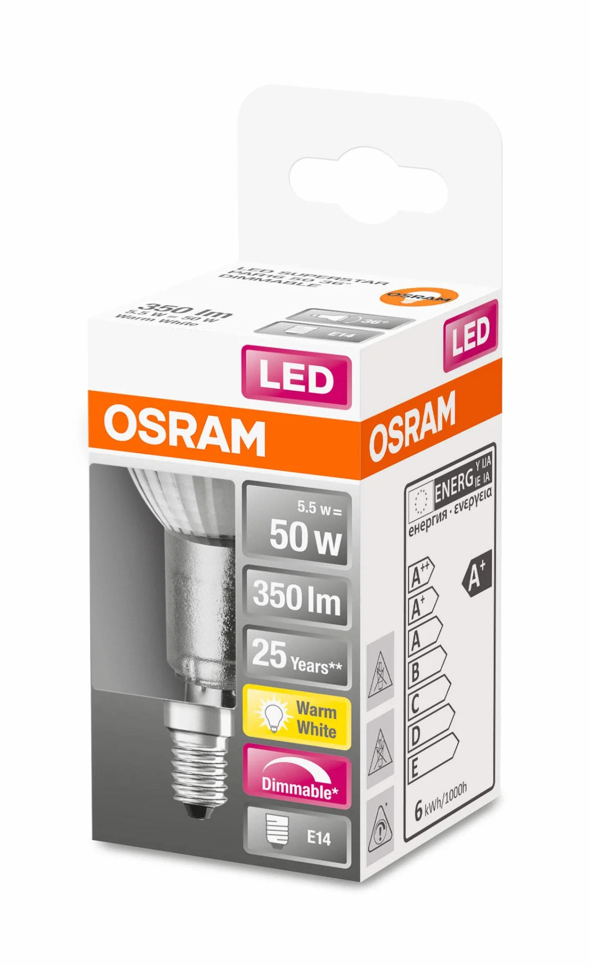 OSRAM reflektor LED | Trzonek: E14 | Ciepły biały | 2700 K | 5,50 W | LED SUPERSTAR PAR16 [Klasa efektywności energetycznej A+]