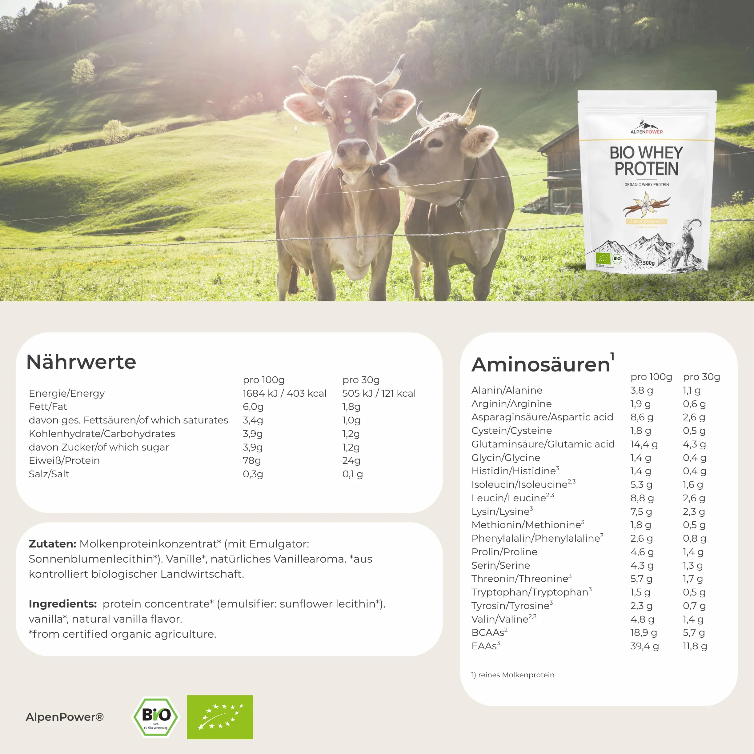AlpenPower Bio WHEY Protein Vanilla 1 kg – 100% naturalne składniki i bez dodatków – wysokiej jakości białko CFM w proszku z najlepszego ekologicznego mleka alpejskiego