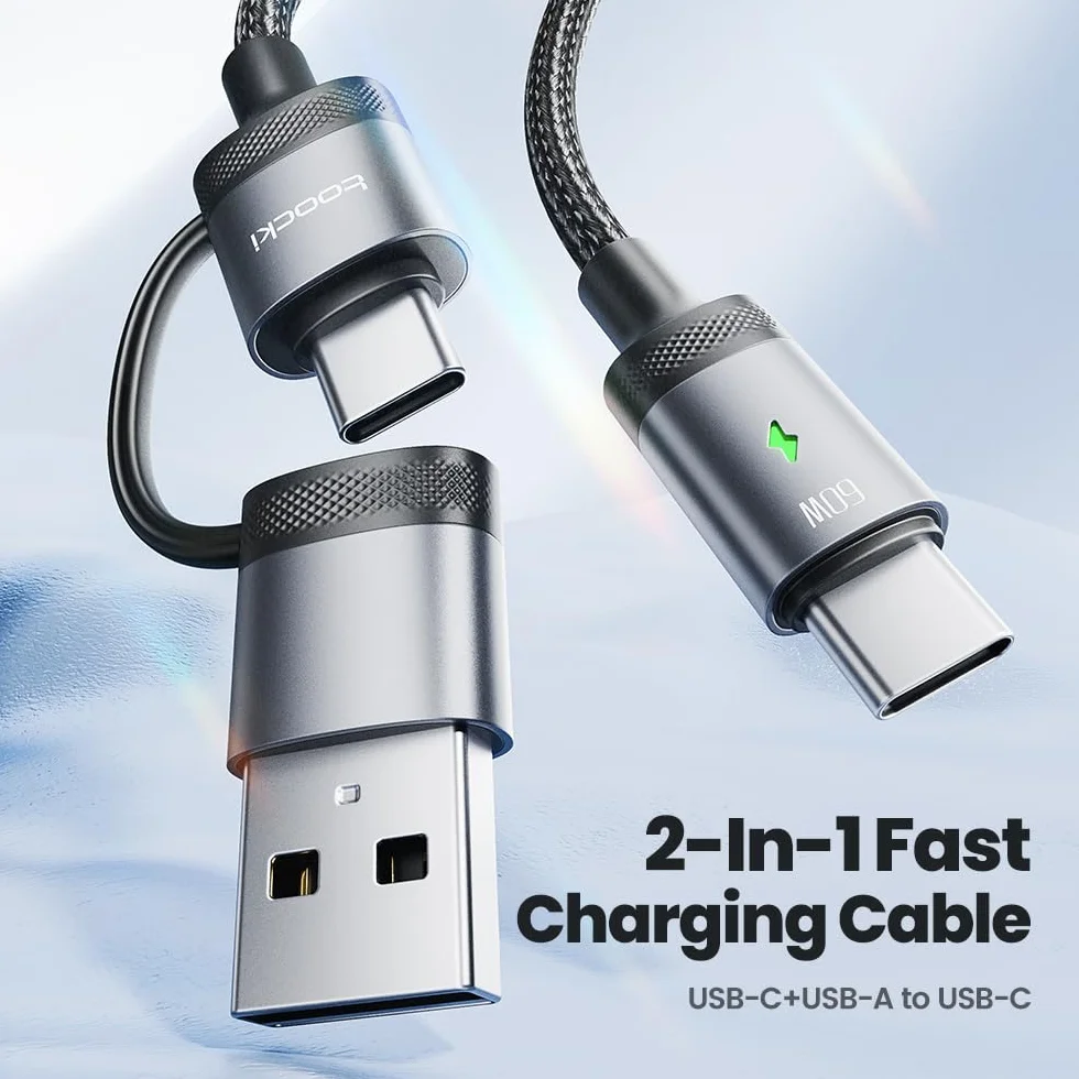 Toocki Kabel USB C do USB C 2 w 1 60W Szybkie Ładowanie PD Kabel z Adapterem USB A 1.2m Pleciony Nylon Przewód do Transmisji Danych Kompatybilny z iPhone 16/17, MacBook, iPad, Galaxy, Xiaomi, Szary