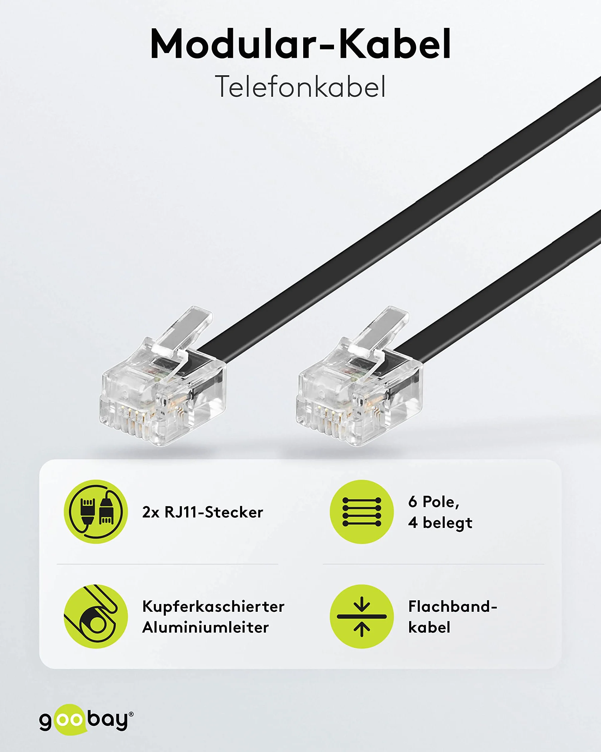 Goobay Modułowy kabel przyłączeniowy telefoniczny RJ11 (6P4C) 10 m czarny