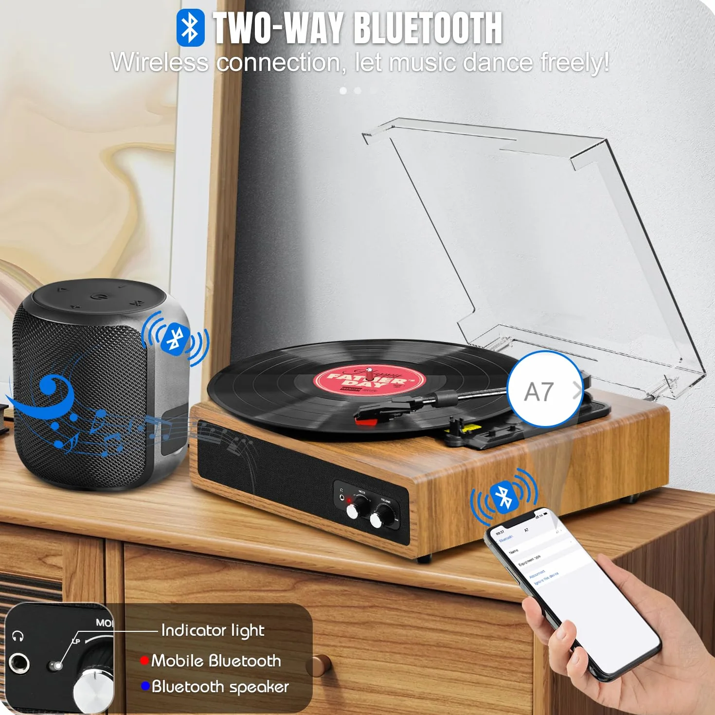 FYDEE Przenośny Gramofon Winylowy Bluetooth 3 Prędkości 33/45/78 RPM Retro Odtwarzacz z Wbudowanymi Głośnikami Stereo