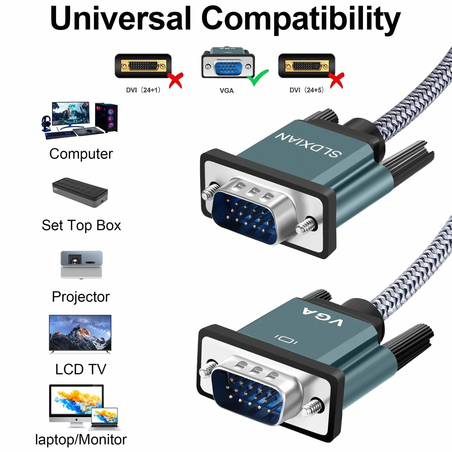 Kabel VGA męski na męski 15-pinowy, 1080p Full HD do komputera, laptopa, telewizora, projektora, monitora (1 M)