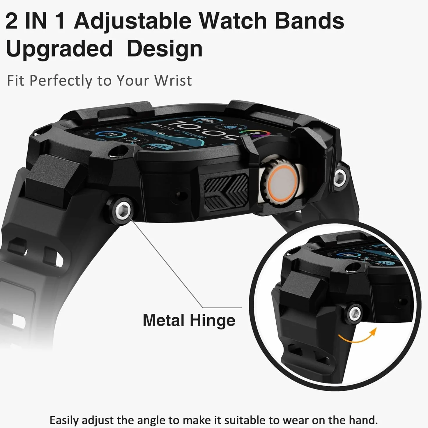 ULTIMAL Pasek kompatybilny z Apple Watch Ultra, 49 mm, z etui typu bumper, regulowany, odporny na uderzenia, wytrzymały silikonowy pasek z tworzywa TPU, do iWatch Series Ultra/Ultra 2, czarny