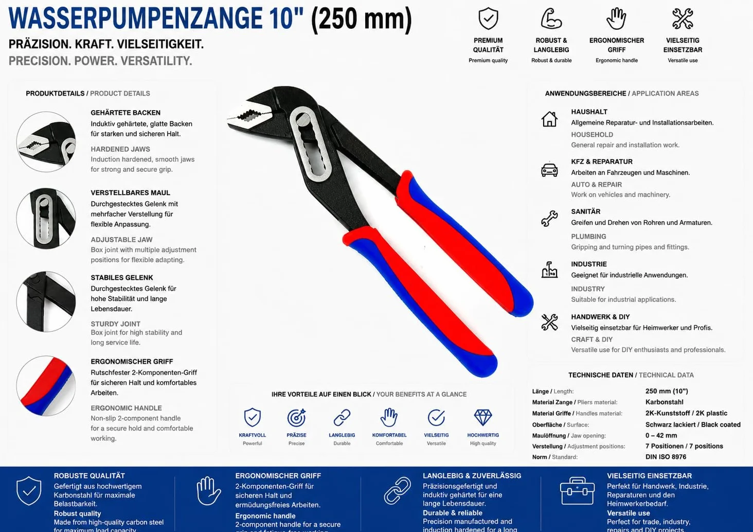 szczypce do pomp wodnych, klucz do rur, Engländer, 250 mm / 10" z dwukomponentowymi uchwytami w kolorze czerwono-białym do napraw, montaży, śrub i gięcia