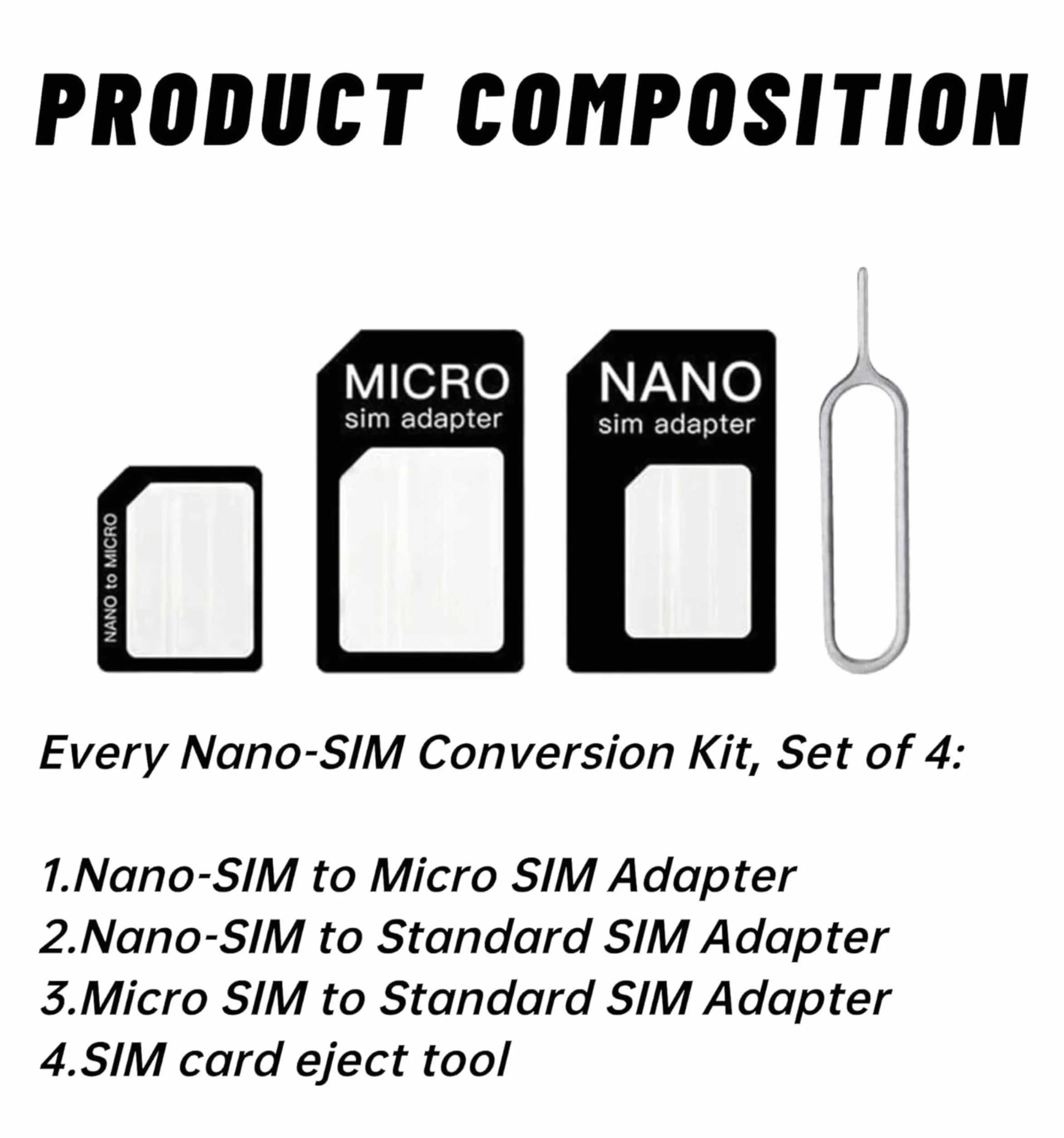 1X Kit Adapter do kart SIM 4 w 1, czarny | Nano SIM do Micro SIM, Nano SIM do SIM, Micro SIM do SIM, klips do wyjmowania | Zestaw do smartfonów Sim Adapter