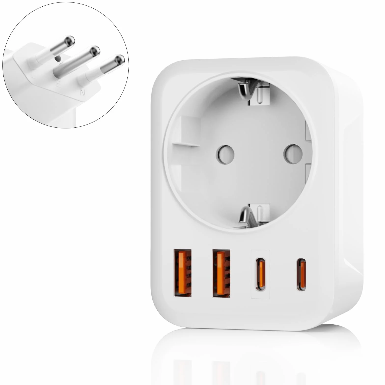 Włoski adapter podróżny 5 w 1 Włochy z 1 AC i 2 USB-C i 2 USB-A (3,4 A), Włochy 3-pinowe wtyczki podróżne do Chile, Urugwaju, Etiopii, Erytrei, Syrii, wtyczka podróżna typu L