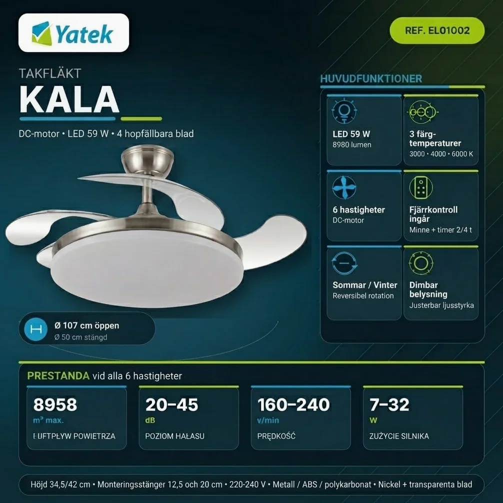 Yatek KALA Wentylator Sufitowy LED Nikiel, chowane przezroczyste łopatki, cichy silnik DC, pilot, ściemniane światło 59 W, 6980 lm, 6 prędkości, funkcja lato/zima, Ø 107 cm
