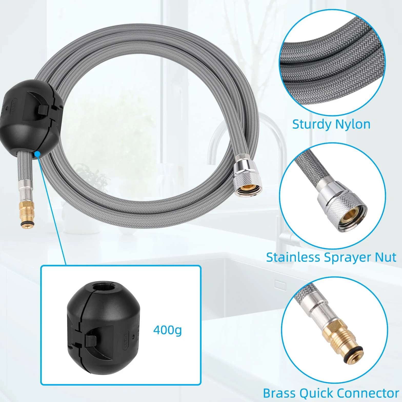Hibbent Wymienny wąż do kranu wymiennego kompatybilny z bateriami kuchennymi Hansgrohe/Grohe z 6 adapterami, standardowy 88624000/46174000/46092000 wąż zamienny 59", w zestawie