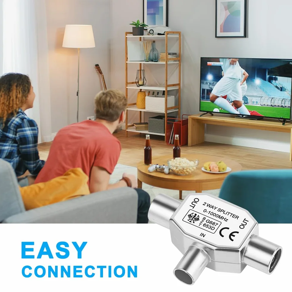 AXFEE Rozdzielacz anteny 2-krotny, rozdzielacz anteny do telewizora, 1 wtyczka na 2 gniazda, adapter T, rozdzielacz metalowa obudowa, złącze T koaksjalne do telewizji cyfrowej i telewizji kablowej