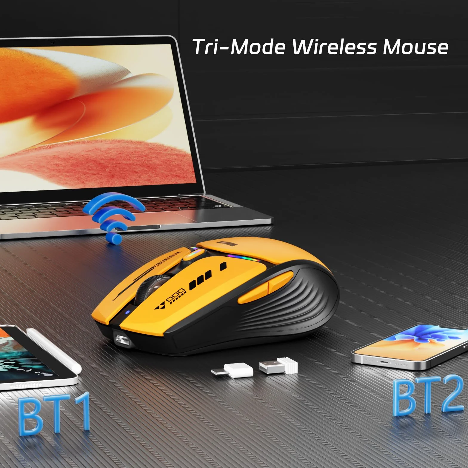 Uiosmuph G19 Bezprzewodowa mysz Bluetooth (tryb trójwymiarowy: BT5.0/5.1+2.4G), 3 dpi, widoczny poziom naładowania baterii, z adapterem odbiornika Nano USB typu c- Pomarańczowy