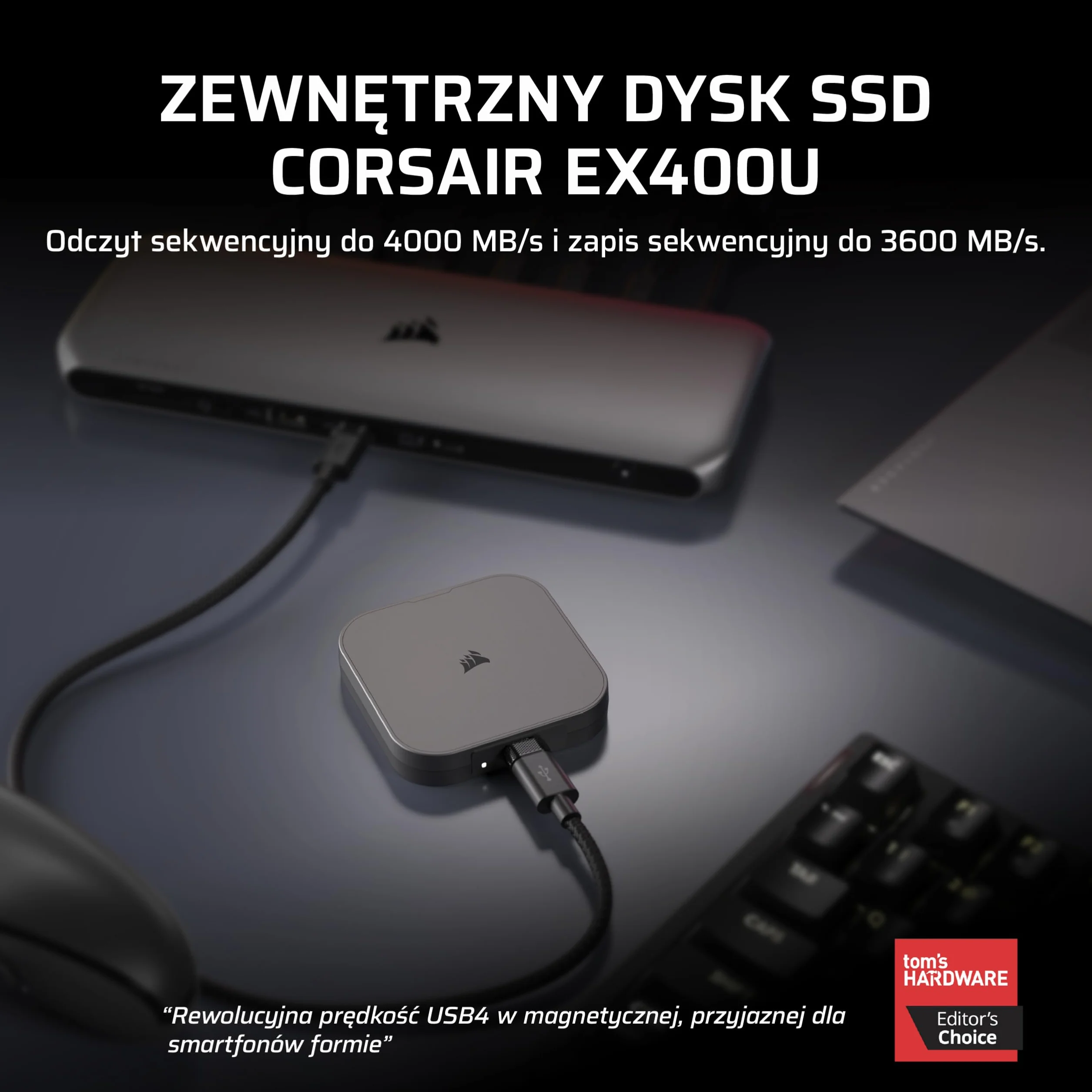 CORSAIR EX400U 2TB Przenośny SSD USB4 — USB Typ-C, USB4/USB 3.2 Gen2x2, do 40 Gb/s, Plug and Play, MagSafe, kabel USB-C (USB4) — Windows PC, Mac iOS — Szary