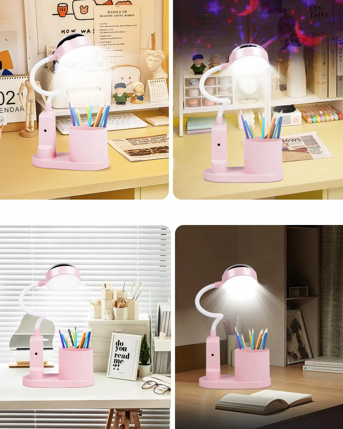TechKen Lampa biurkowa dla dzieci, lampka nocna LED, lampa stołowa, ściemniana, poziomy jasności, ładowalna lampa z giętką szyją, lampa stołowa, lampa do nauki z uchwytem na długopis, projekcja gwiazd