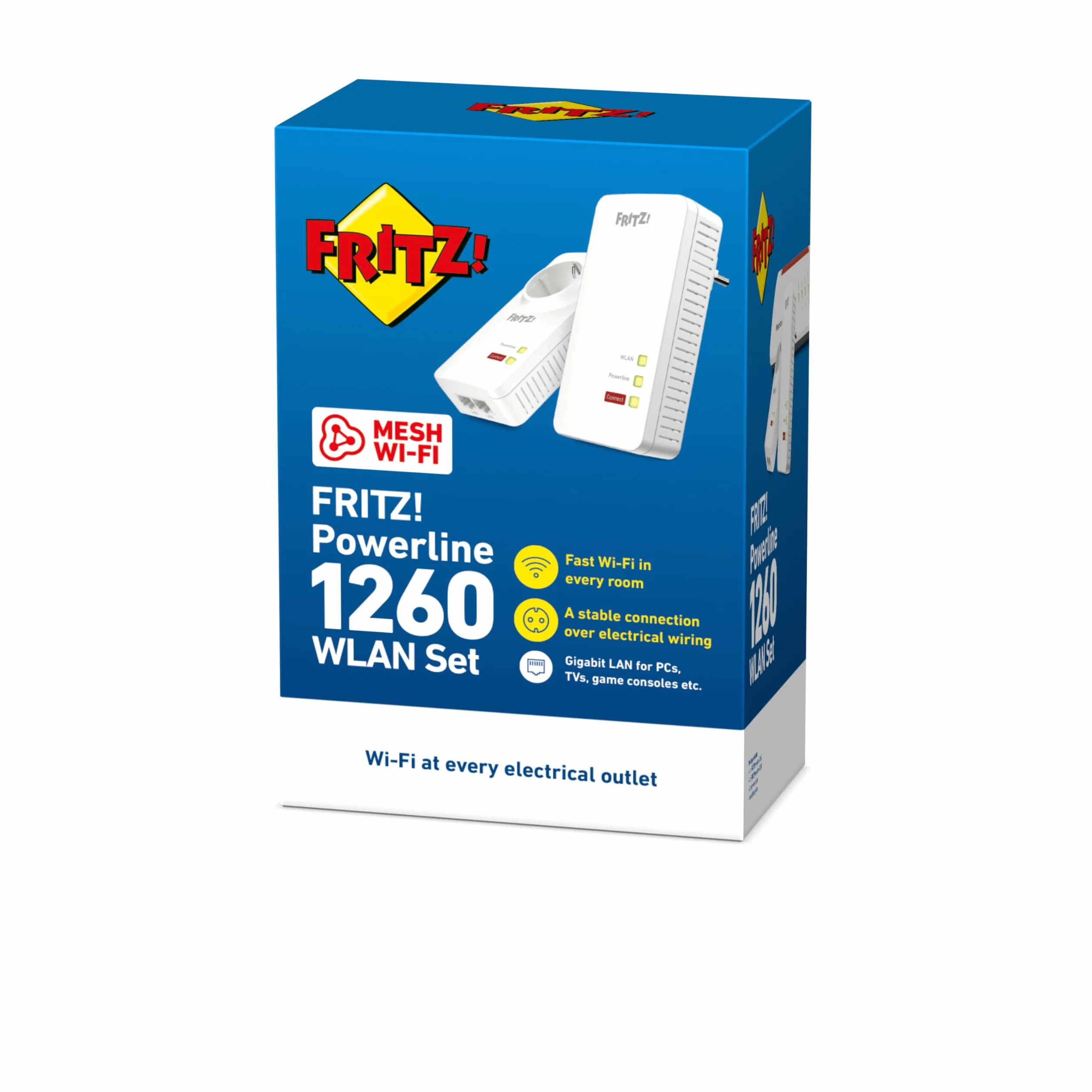 AVM Fritz Powerline 1260E/1220E zestaw WLAN (punkt dostępowy WLAN, idealny do strumieniowego przesyłania multimediów lub połączeń NAS, 1200 Mbit/s, wersja międzynarodowa), biały