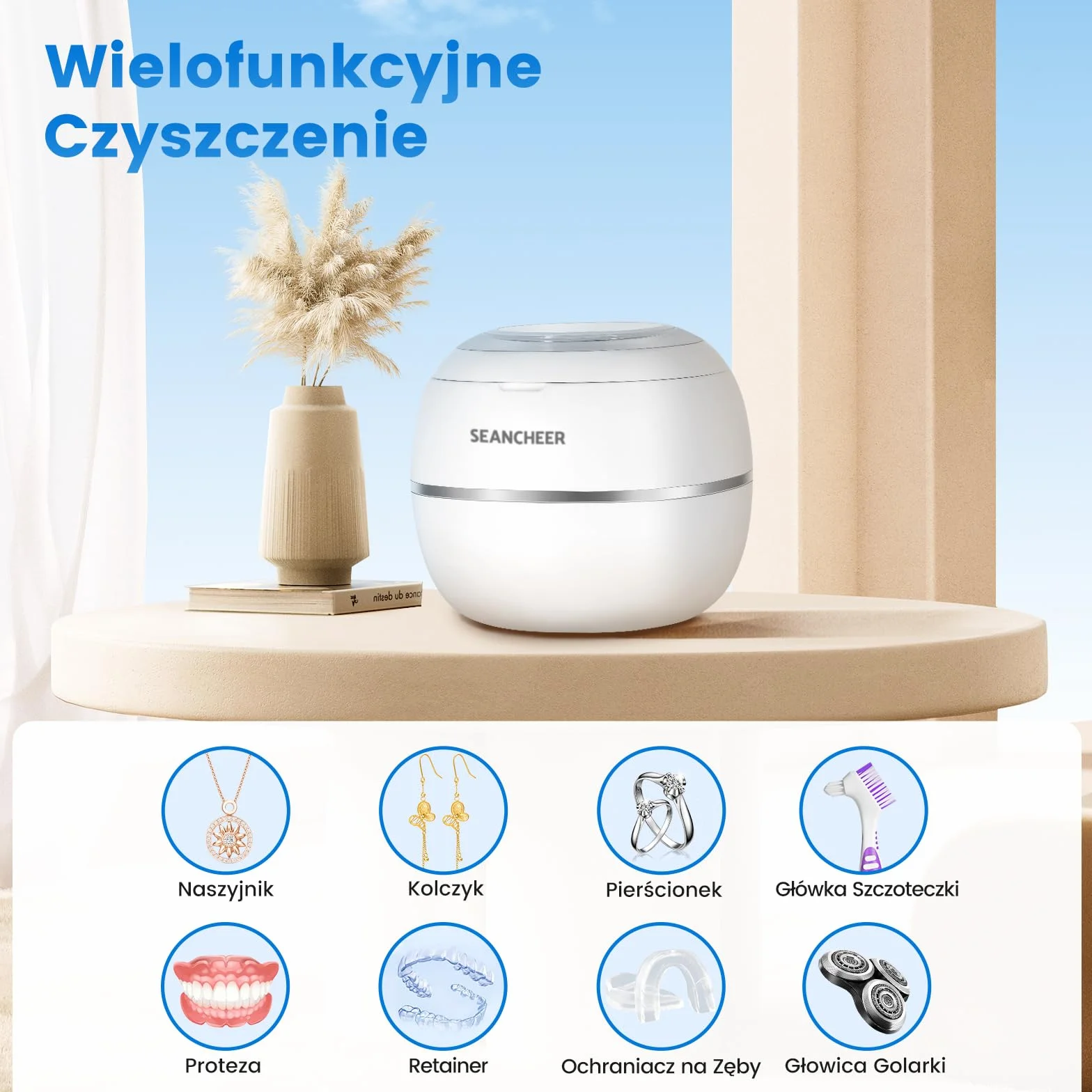 SEANCHEER Urządzenie Do Czyszczenia Ultradźwiękowego | 48000Hz | 24W | 180ML | Czyścik Ultradźwiękowy z lampą UV Do | Protez | Retainerów | Alignerów | Szyn Zębowych | Biżuterii | (Biały)