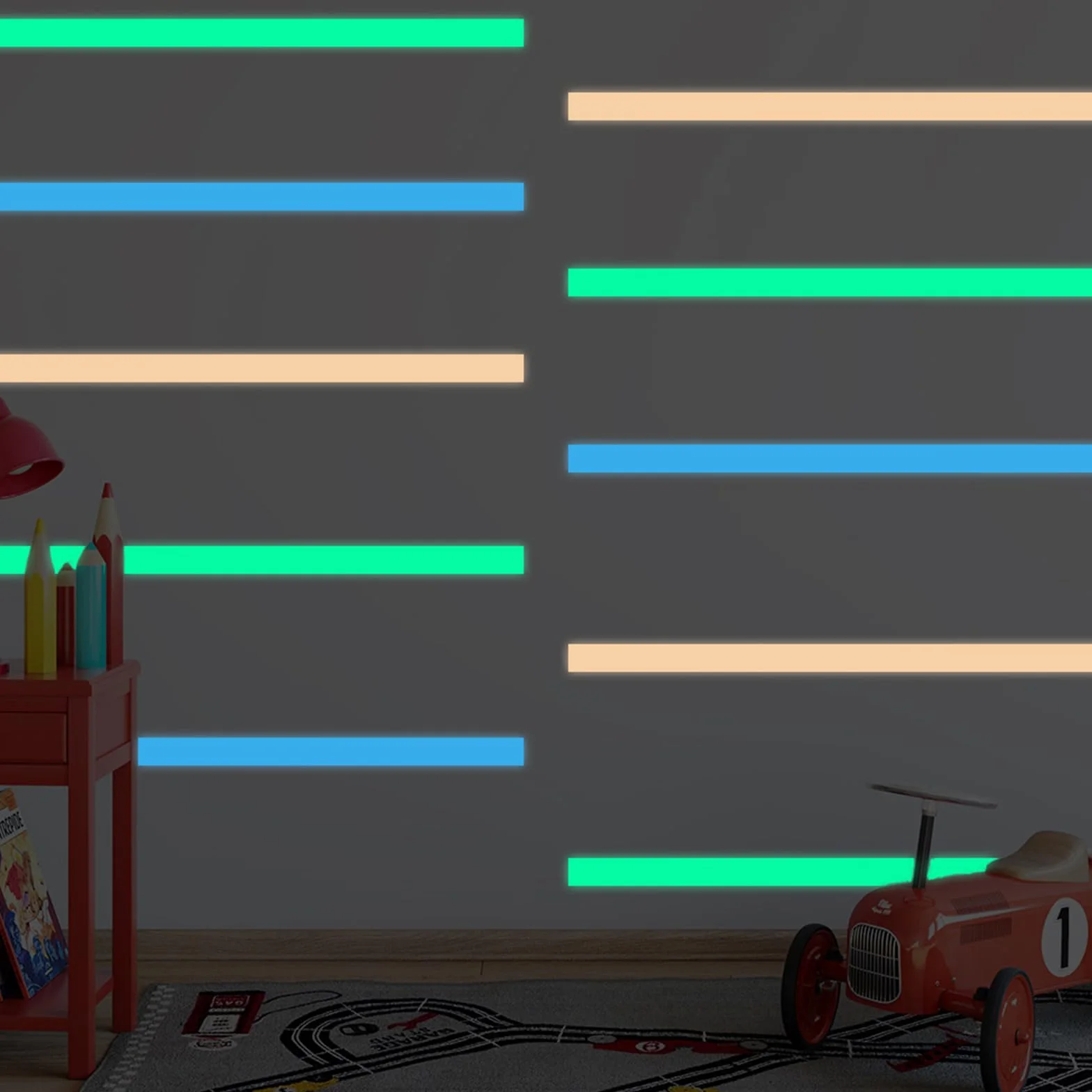 4 sztuki taśmy świetlnej, 5 m x 1 cm, taśma fluorescencyjna, wodoodporna taśma fluorescencyjna, usuwalna taśma świecąca w ciemności, wielobarwna taśma fluorescencyjna