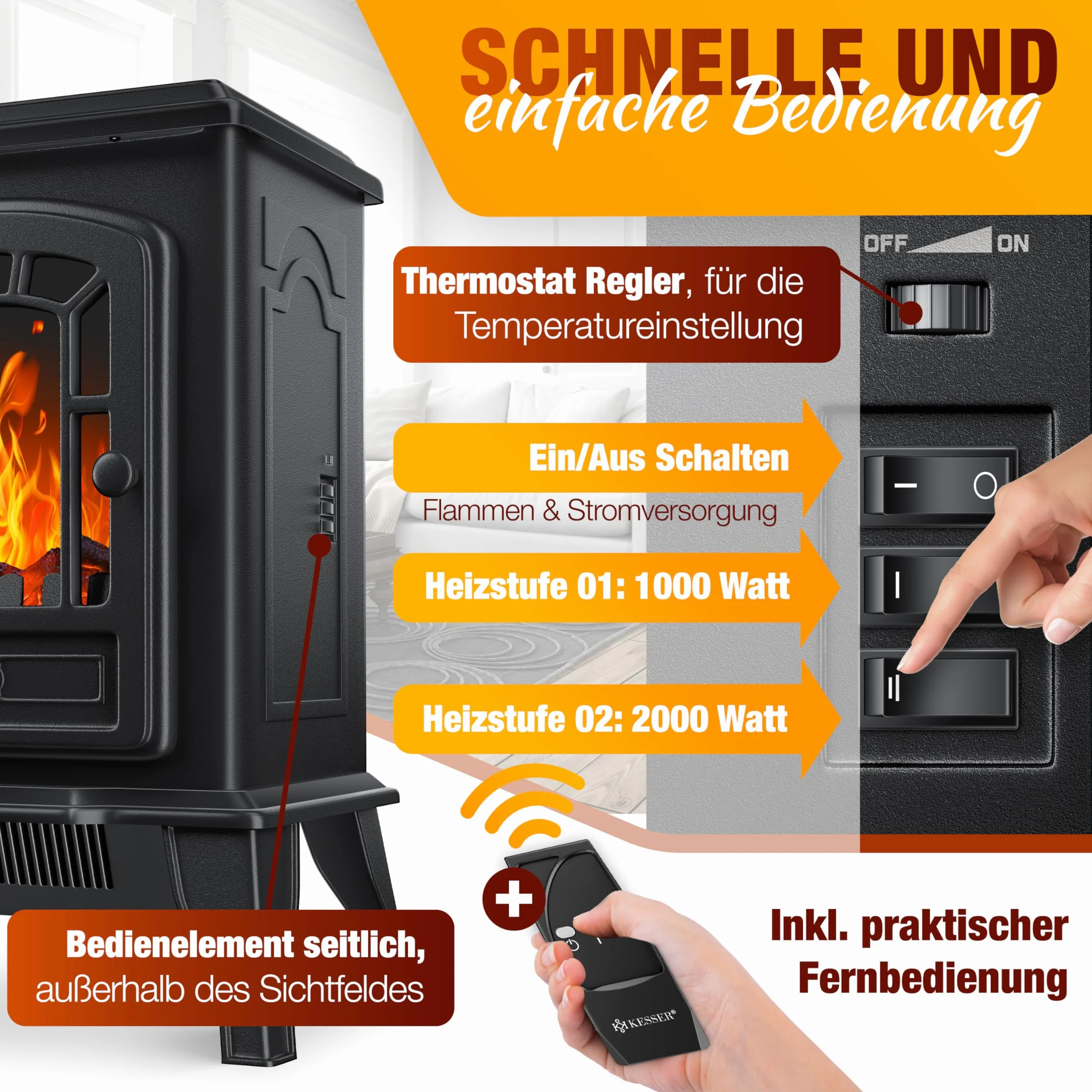 KESSER® Kominek elektryczny 2000 W z termowentylatorem, LED efekt płomienia, czarny