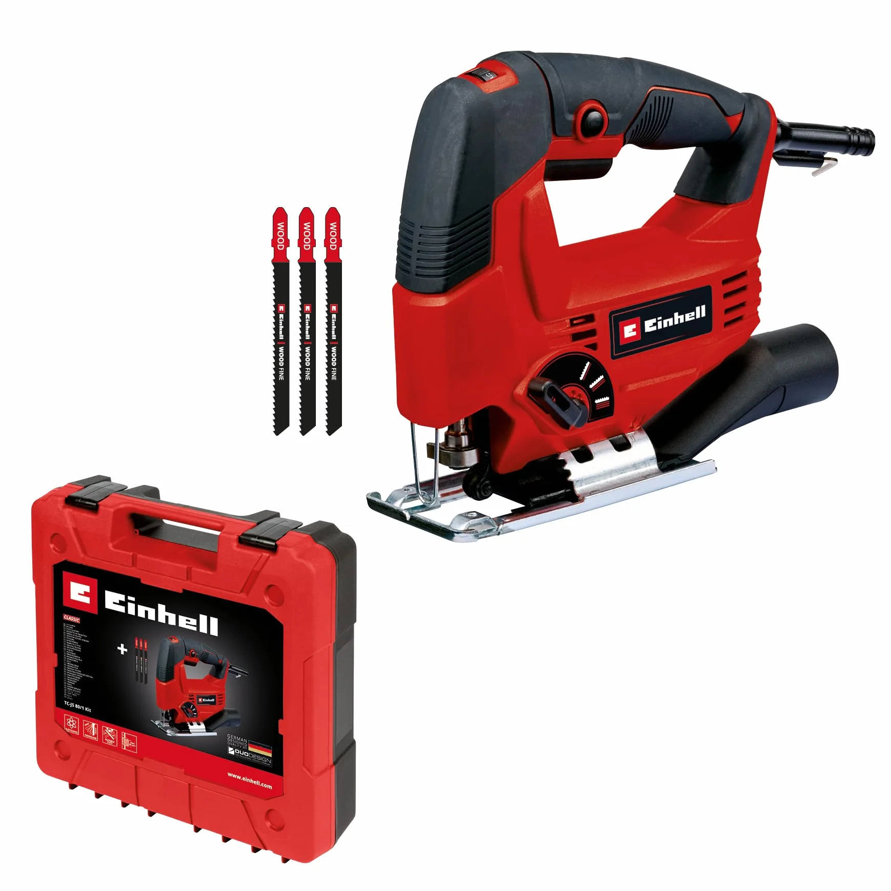 Einhell Wyrzynarka TC-JS 80/1 Kit (550 W, wysokość skoku 20 mm, funkcja skoku wahadła, głębokość cięcia 80 mm w drewnie, 10 mm w stali, 3000 obr./min, w tym 3 brzeszczoty z trzonkiem T)
