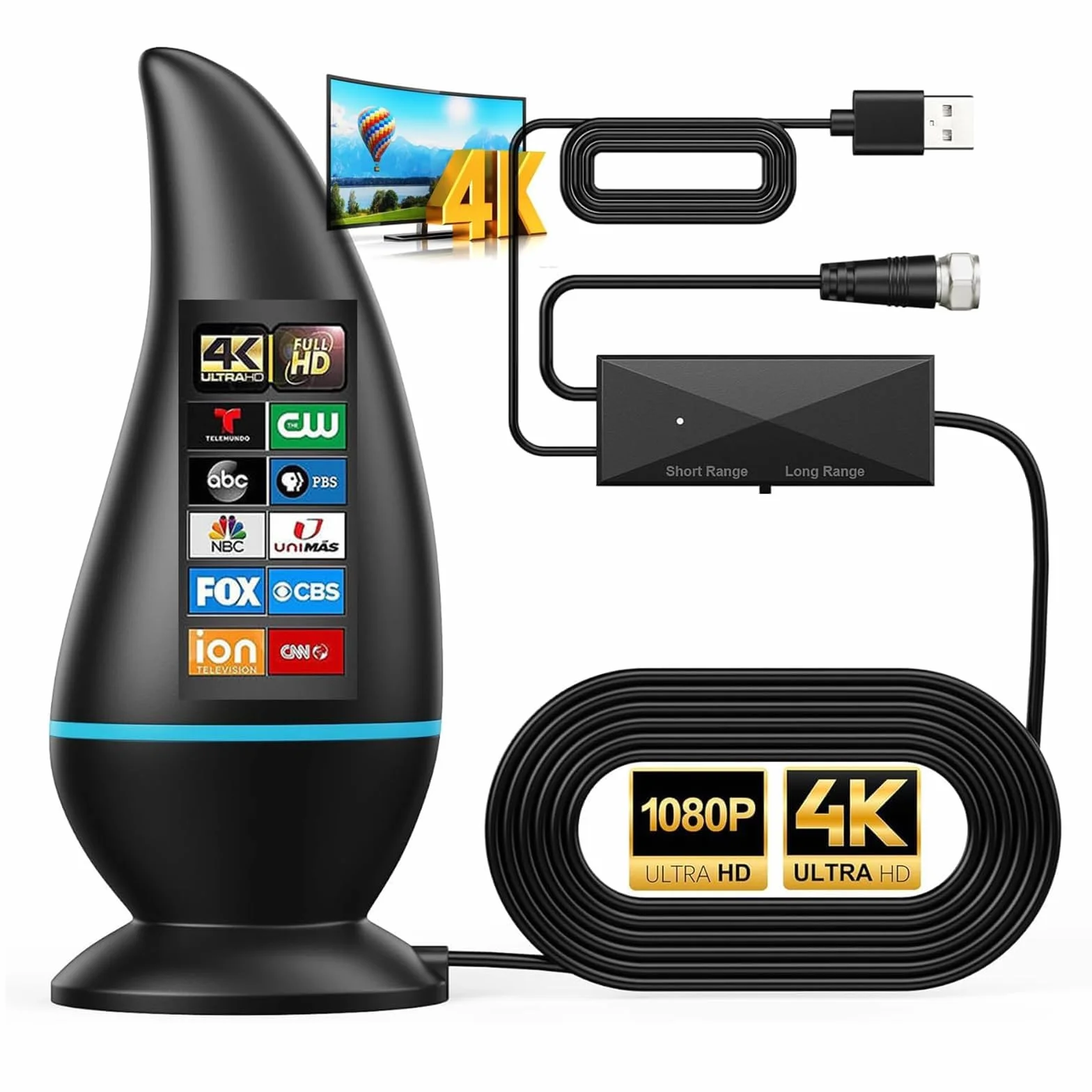 Antena DVBT2 cyfrowa telewizyjna duży zasięg 360° pokojowa mocna podstawa magnetyczna obsługuje 4K 1080P DVB-T2 VHF UHF kabel koncentryczny