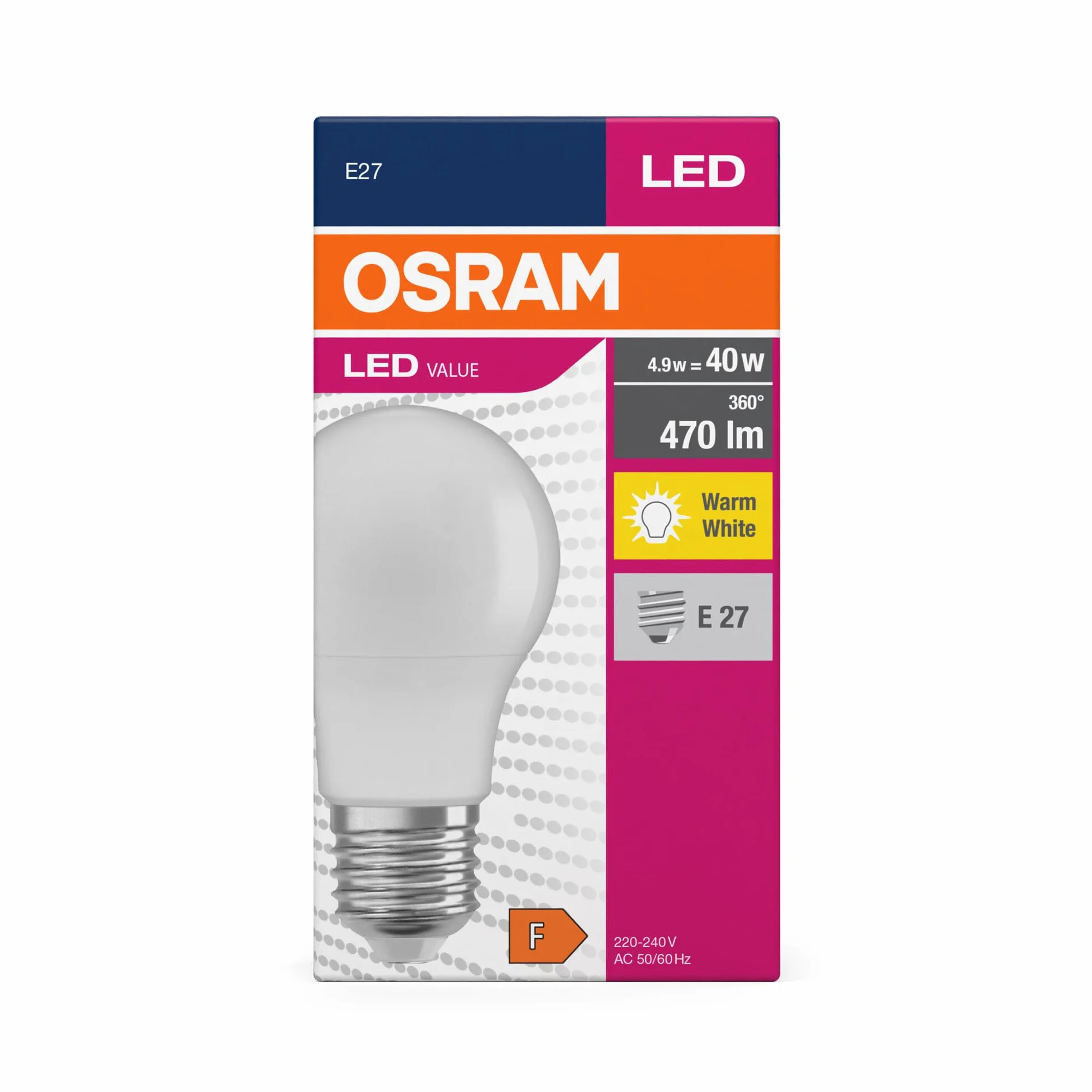 OSRAM LED Star Value Classic A40 Żarówka LED do gniazda E27, kształt gruszki, FR, 470 lumenów, ciepła biel (2700K), zamiennik konwencjonalnych żarówek 40W, bez możliwości ściemniania