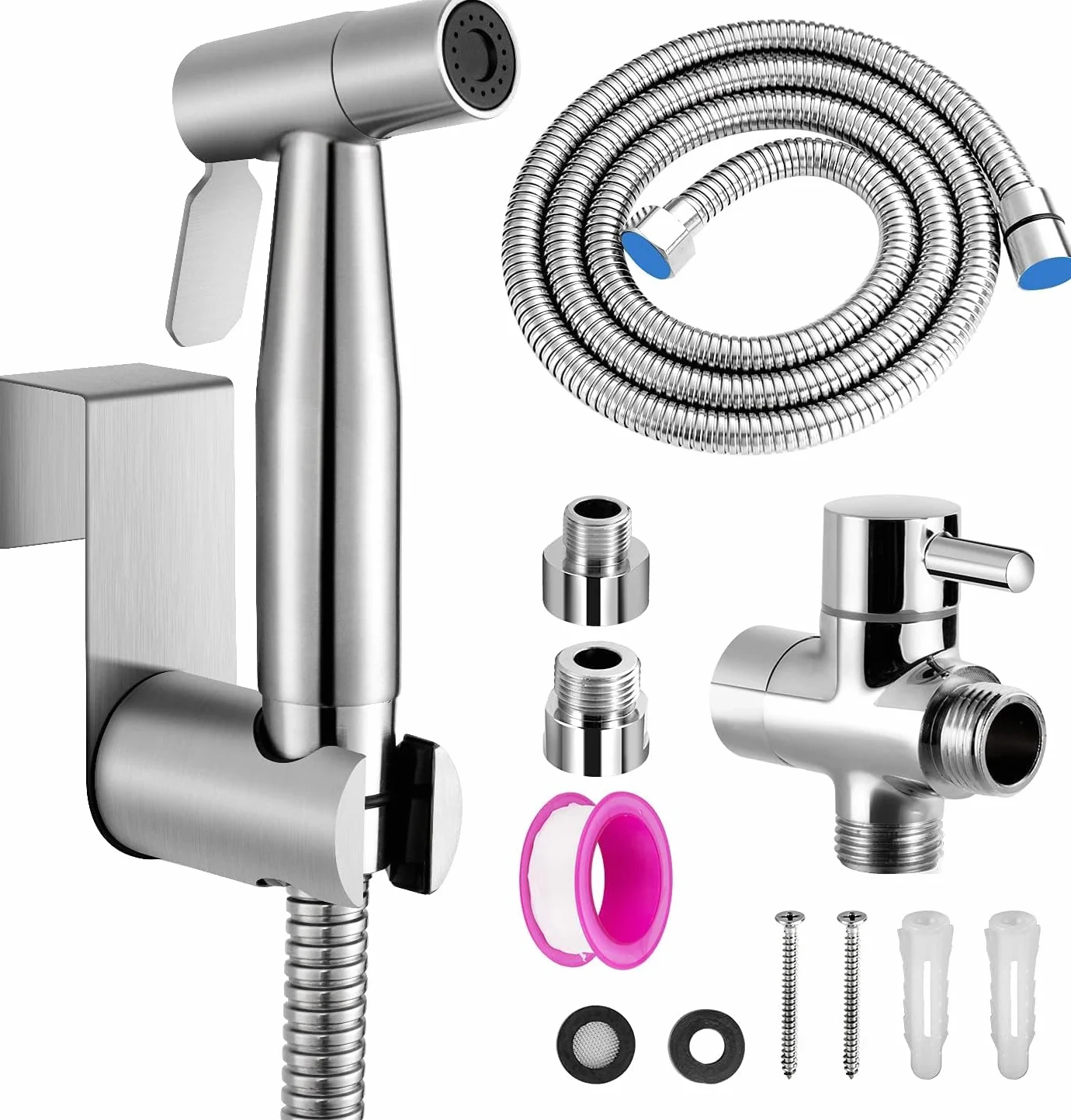 Natrysk Higieniczny (Bidet) ze Stali Nierdzewnej Szczotkowanej, Zestaw z Wężem i Zaworem G1/2” + G3/8” - do Toalety, Podmywania i Czyszczenia