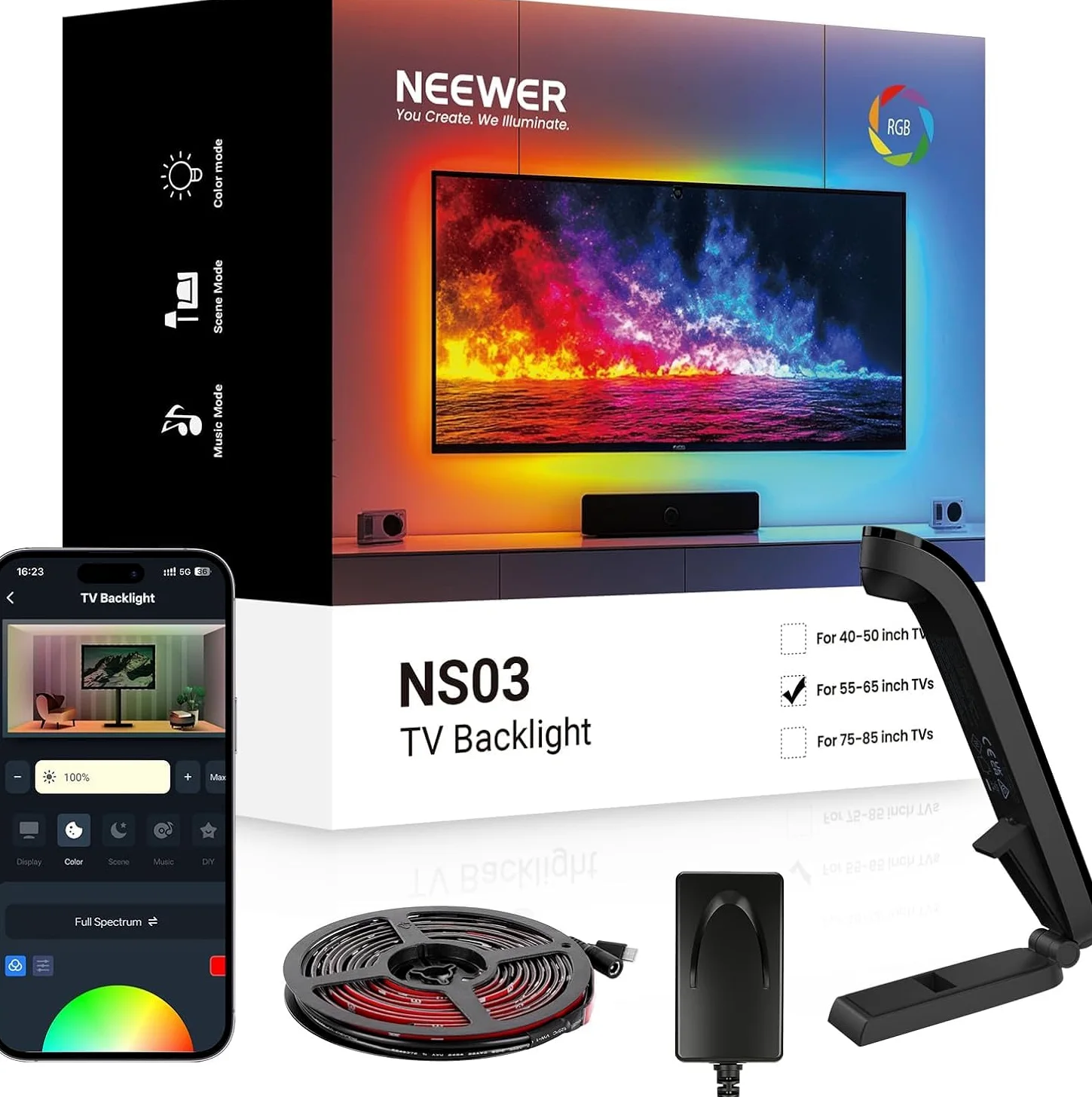 NEEWER BASICS podświetlenie LED do telewizora 55"-65", pasek LED RGB 3,6 m, z czujnikiem zmiany biegów z telewizorem, zaprogramowane włączanie/wyłączanie, zerowe opóźnienie koloru, muzyka