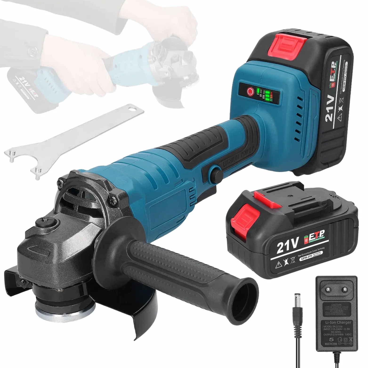 Akumulatorowa szlifierka kątowa 125, szlifierka kątowa Weytoll 21 V M14 bezszczotkowy silnik z bateriami 2 x 1300 mAh do cięcia i polerowania płytek ceramicznych, drewna, kamienia i stali